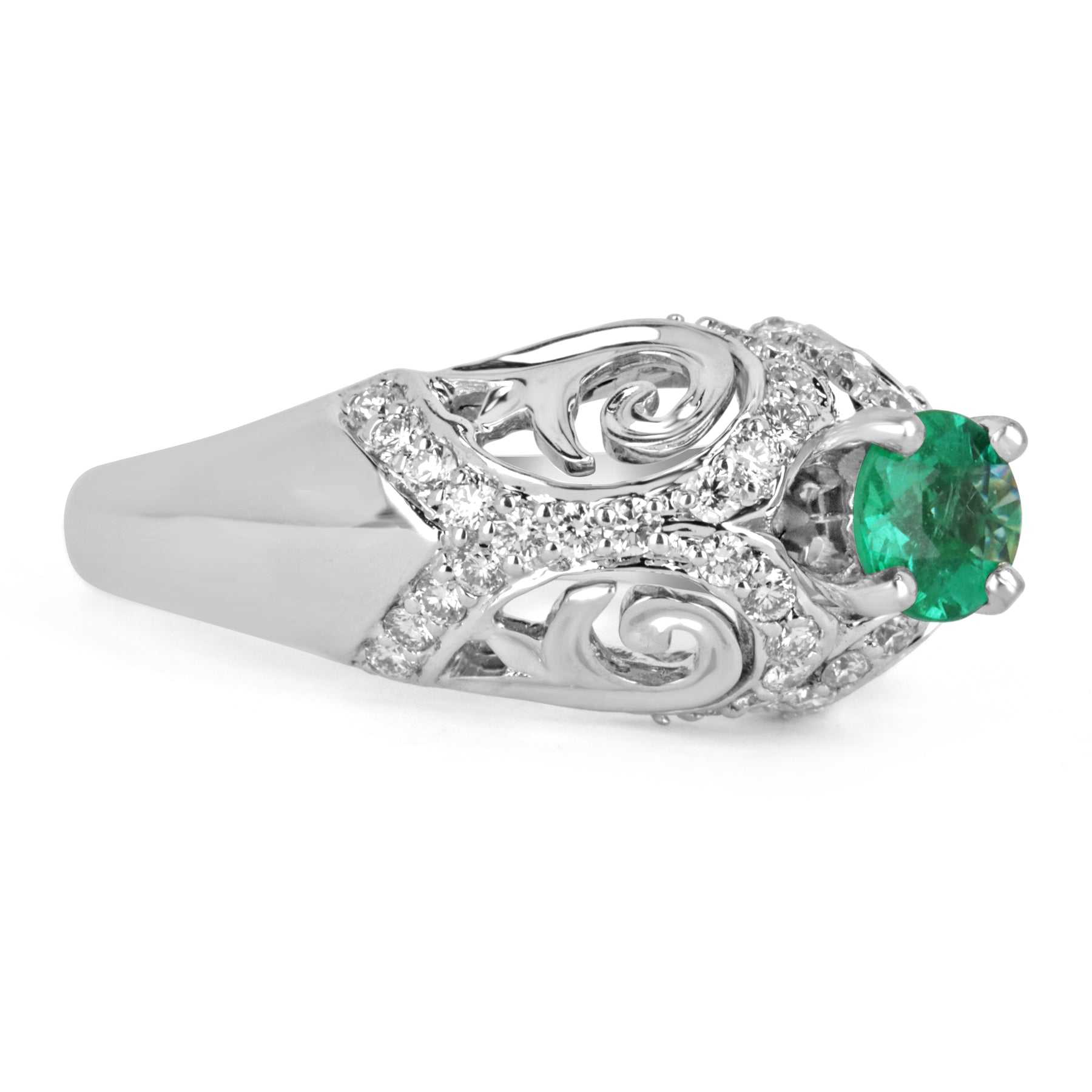 Lady's 14K gold emerald engagement ring with 0.83tcw natural emerald, halo and pave round diamonds, from JR Colombian Emeralds.