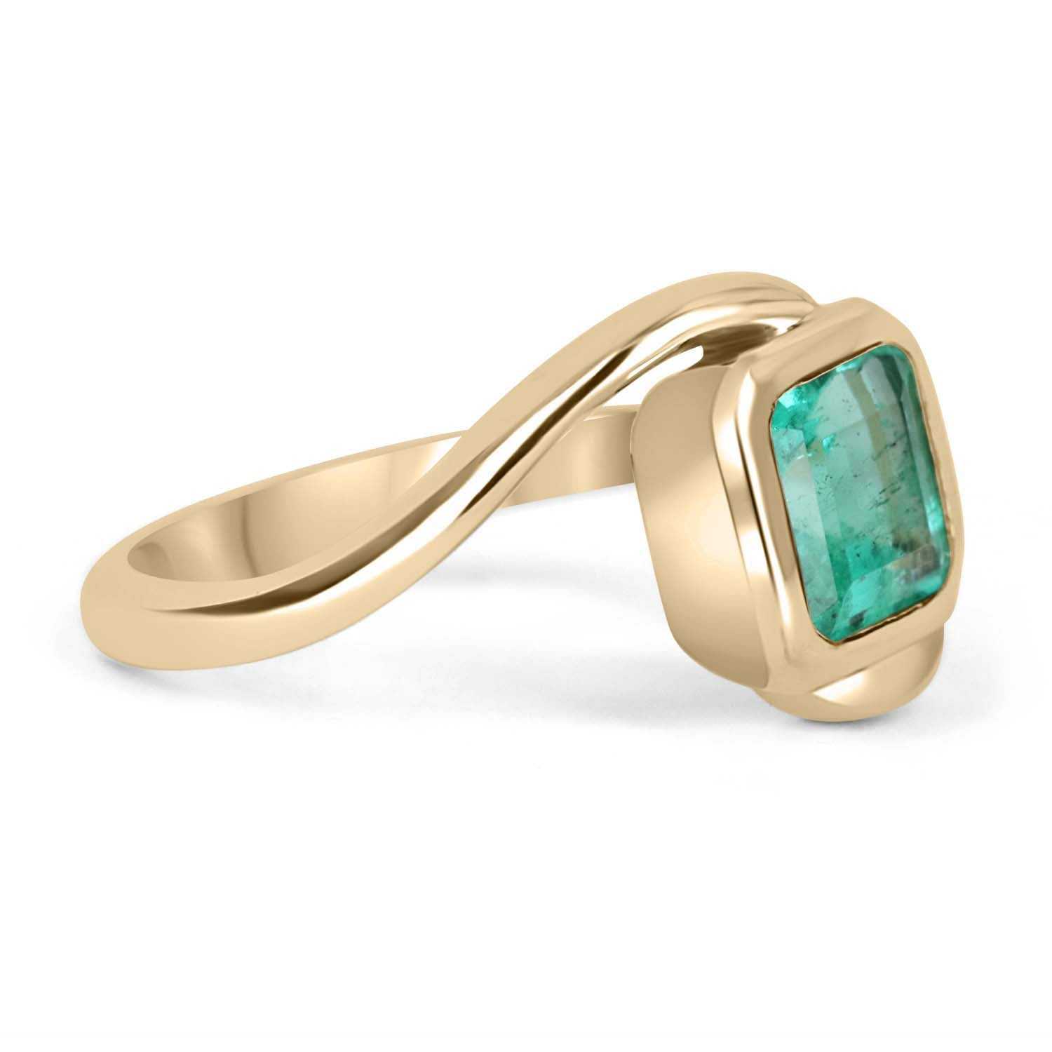 1.50 Carats Bezel Set Asscher Cut Emerald Solitaire Curved Ring 14K