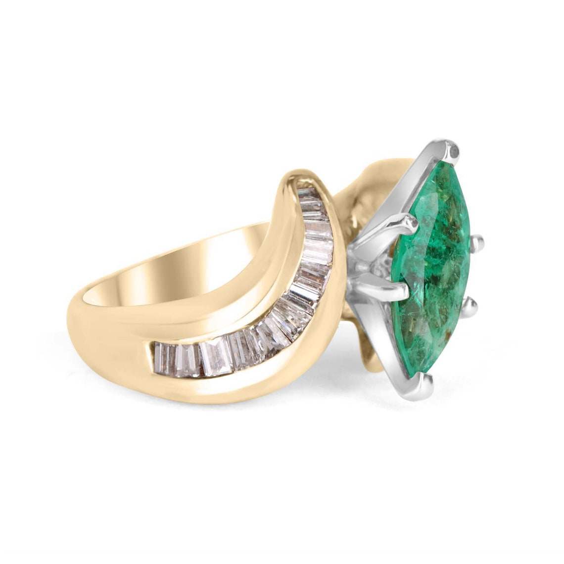 1.70tcw 14K Marquise Emerald & Channel Set Diamond Baguette Statement Ring
