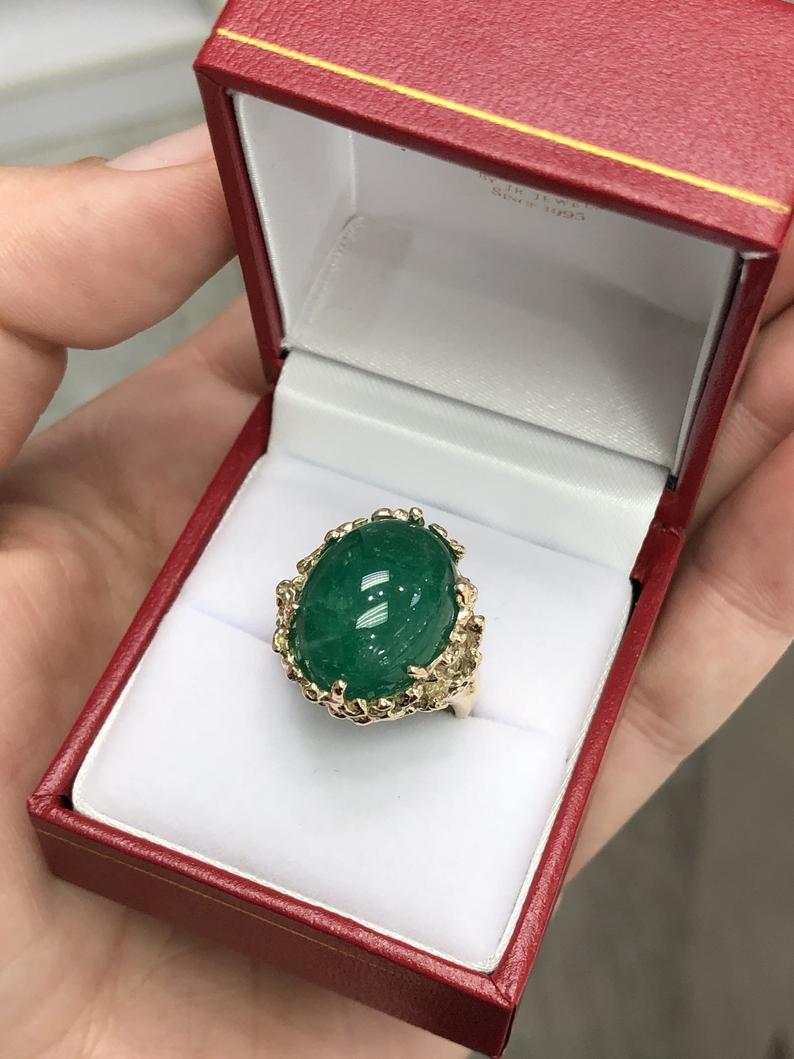 11.90 Carat Large Dark Green Muzo Colombian Emerald Cabochon Nugget Ring 14K
