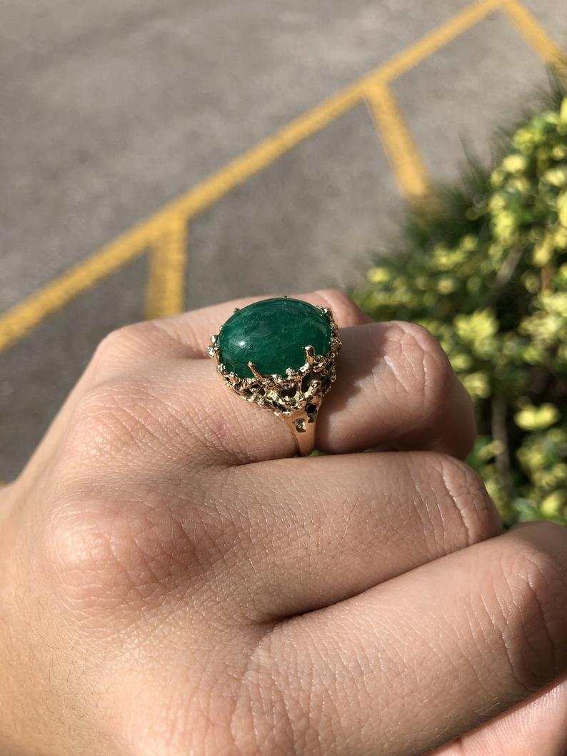 11.90 Carat Large Dark Green Muzo Colombian Emerald Cabochon Nugget Ring 14K