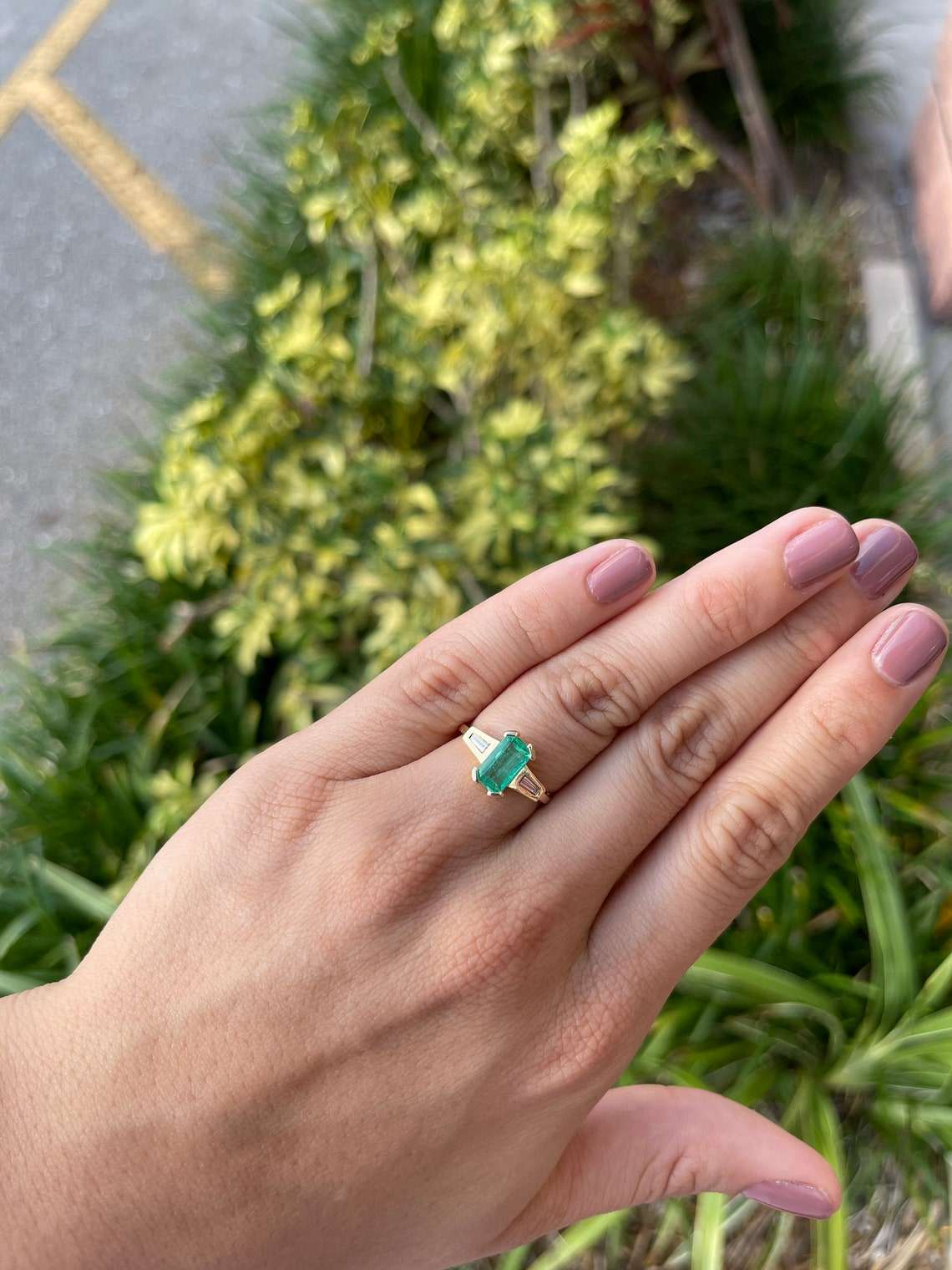 Ladies emerald ring with 2.15tcw Colombian emerald and tapered baguette diamonds in 14K gold by JR Colombian Emeralds.