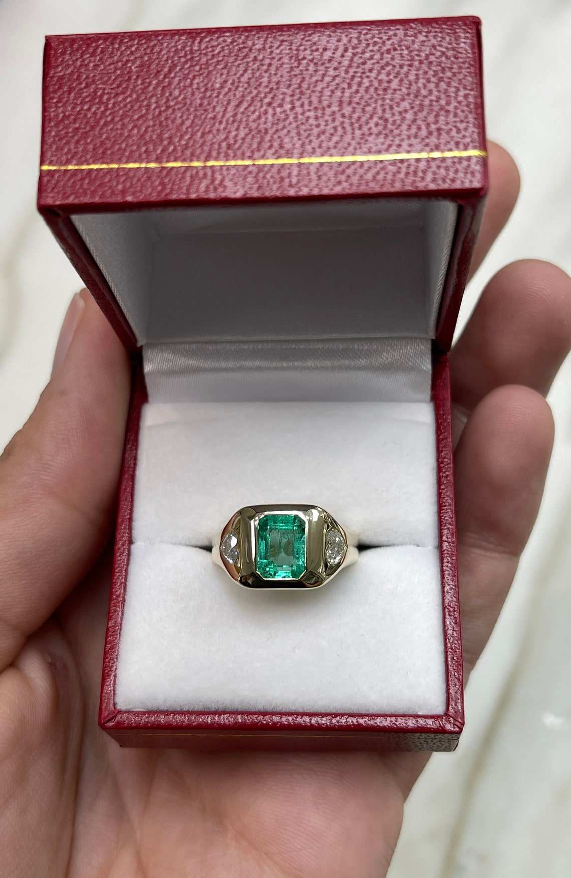 2.15tcw Three Stone Colombian Emerald & Heart Diamond Gypsy Ring 14K