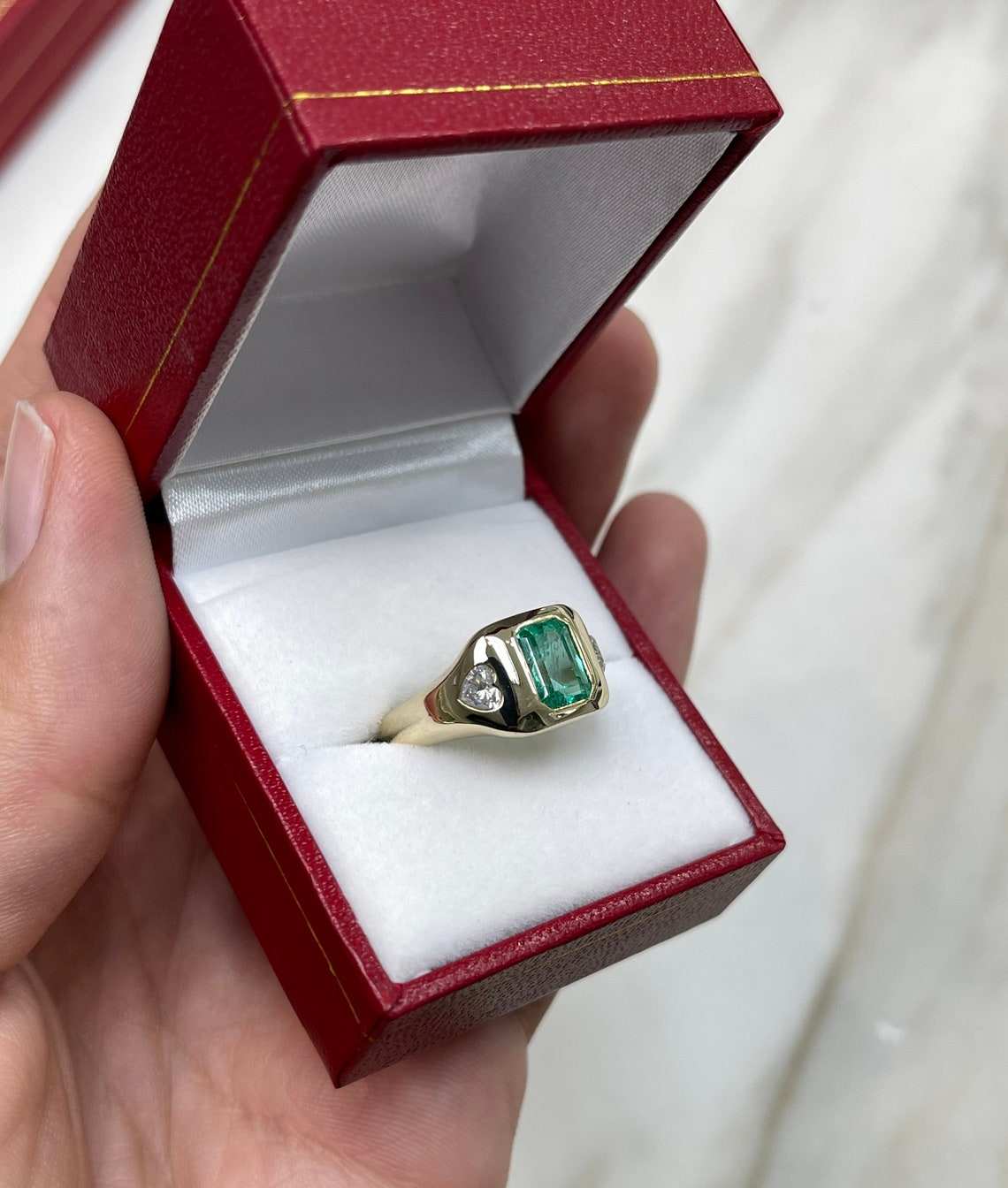 2.15tcw 14K Three Stone Emerald & Heart Diamond