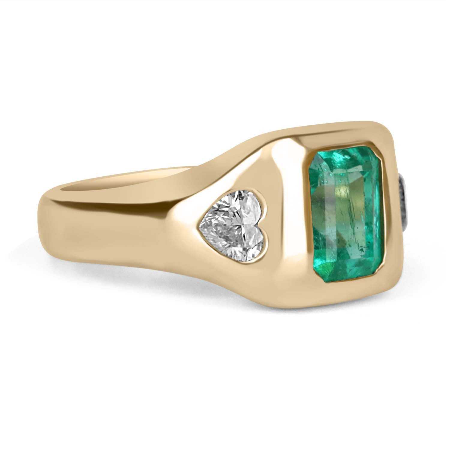 2.15tcw Three Stone Colombian Emerald & Heart Diamond Gypsy Ring 14K