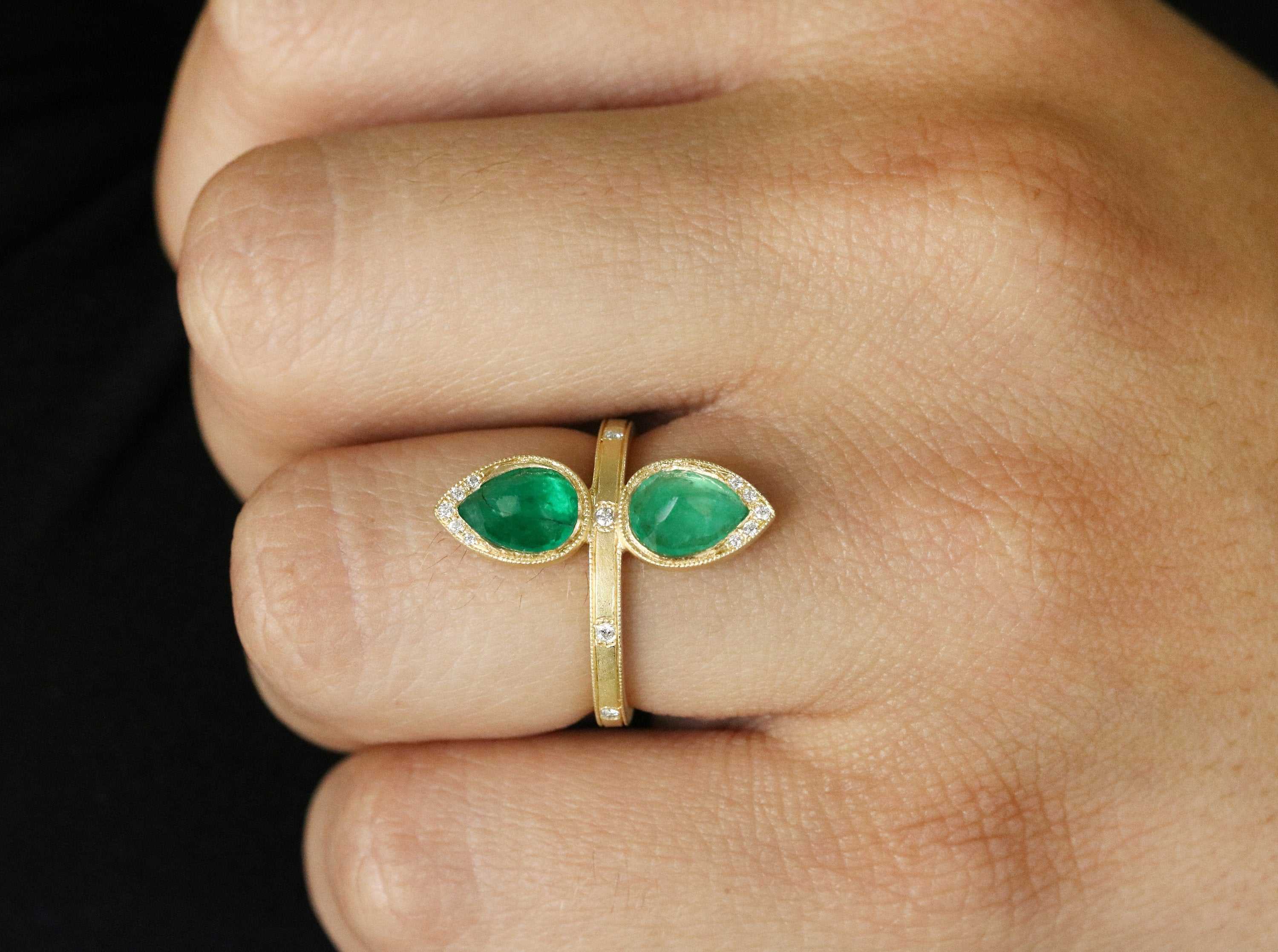 2.48tcw Rose Cut Pear Earth Mined Emerald & Diamond Navette Statement 