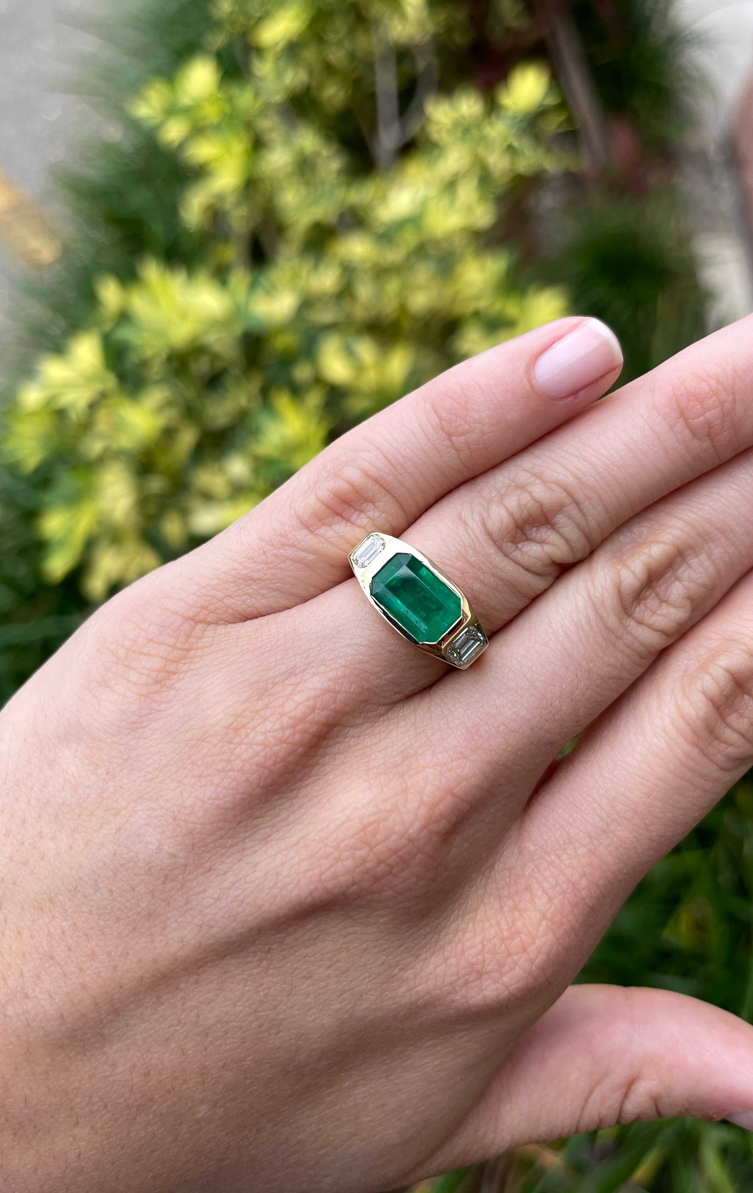 4.50tcw East To West Three Stone Emerald & Emerald Cut Diamond Gypsy Ring 18K