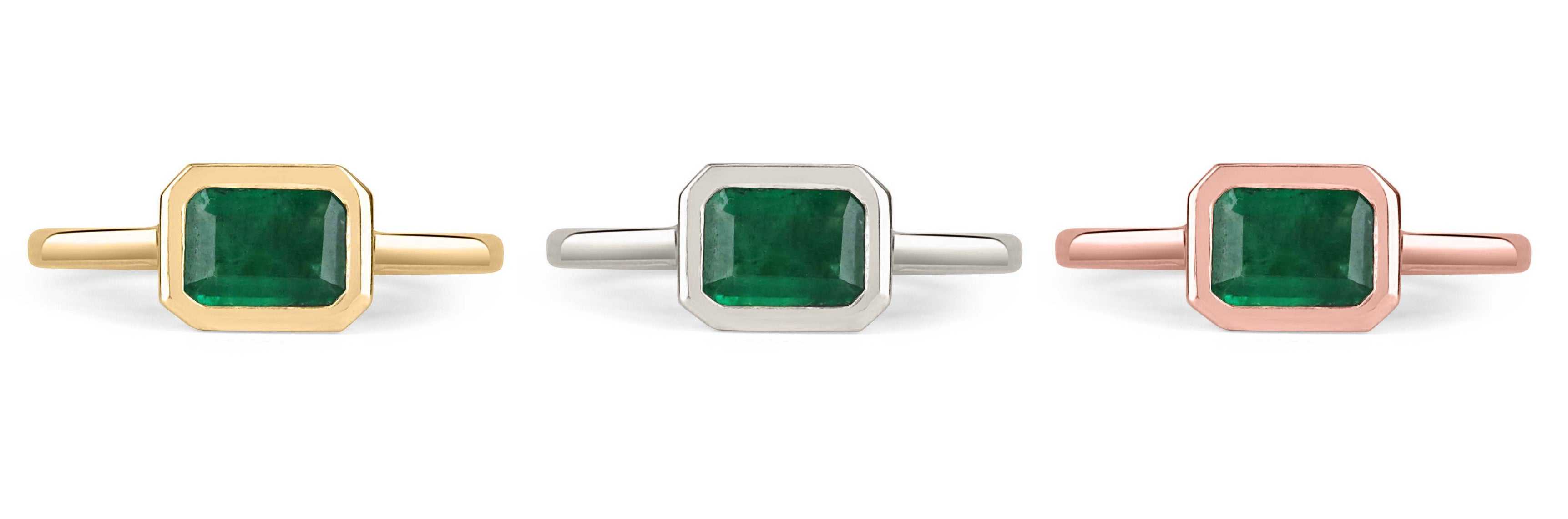 1.0 Carat Bezel East to West Dark Green Emerald Cut Solitaire Ring 14K - JR Colombian Emeralds
