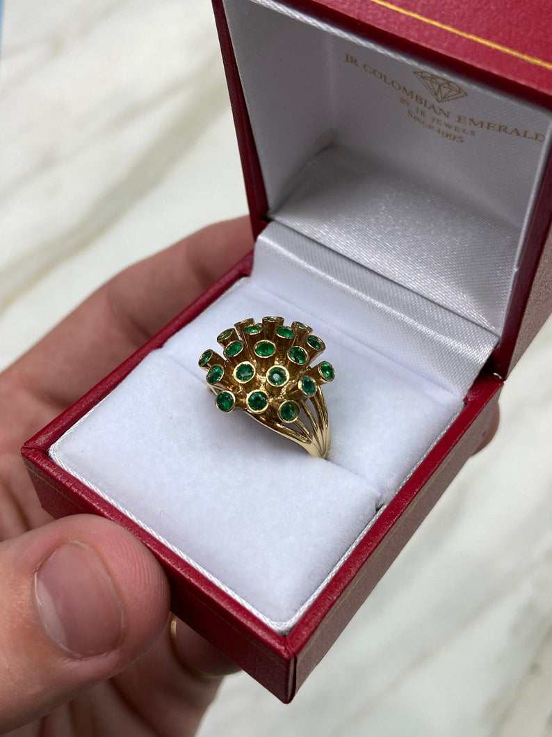 1.90tcw Round Emerald Cluster Cocktail Bezel Ring 14K