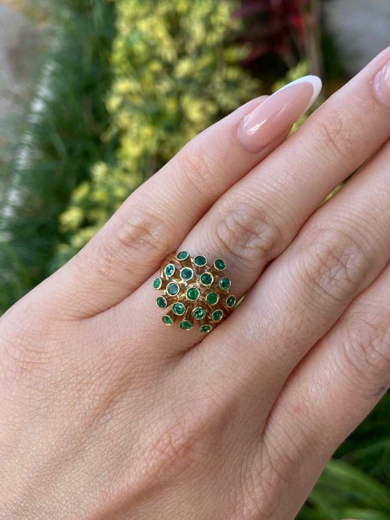 1.90tcw Round Emerald Cluster Cocktail Bezel Ring 14K