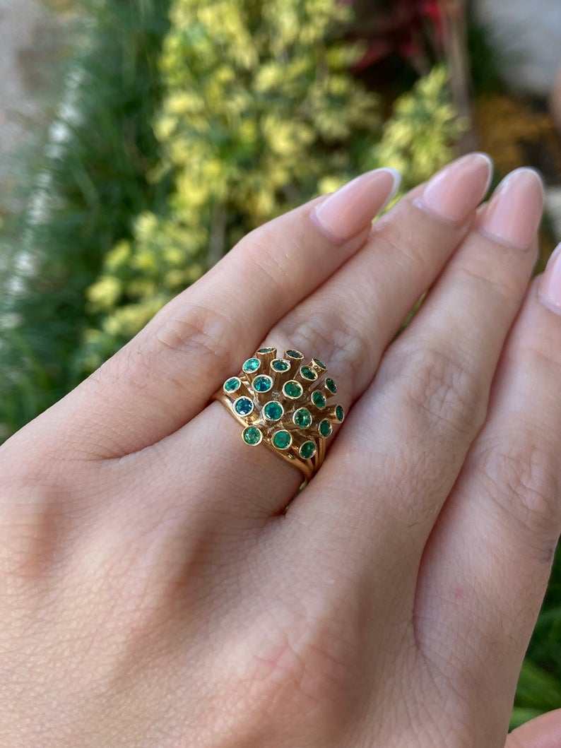 1.90tcw Round Emerald Cluster Cocktail Bezel Ring 14K