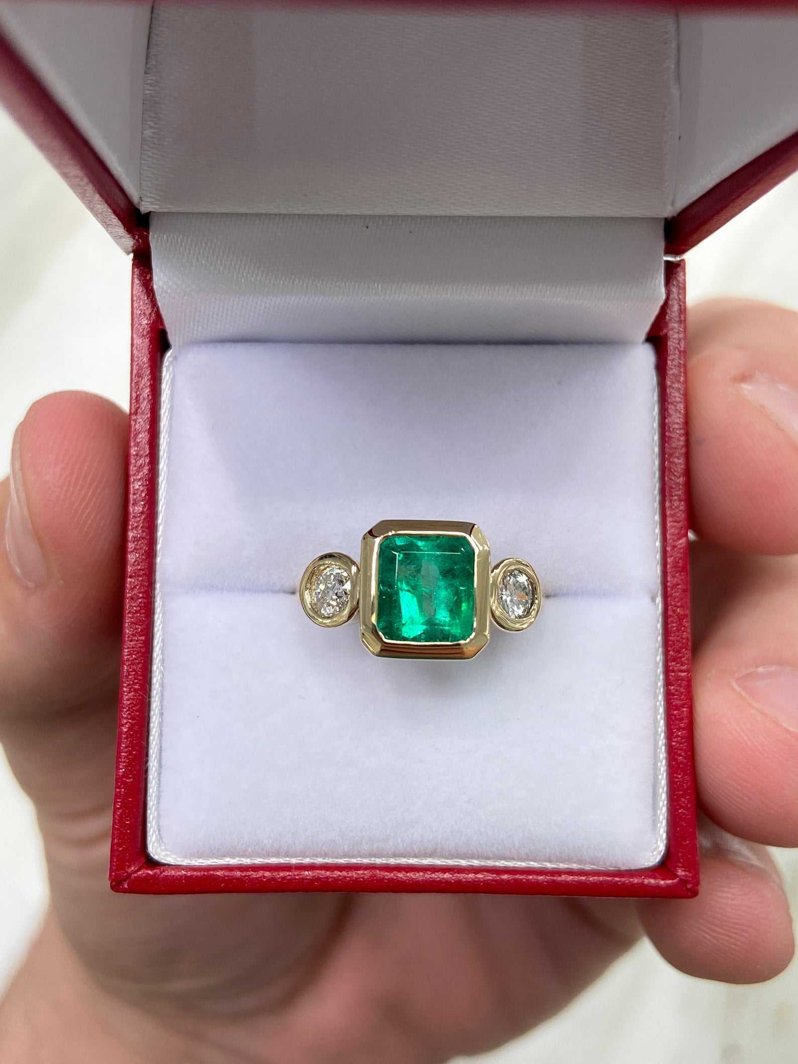 3.25tcw Three Stone Thick Bezel Set Emerald & Diamond Ring 14K