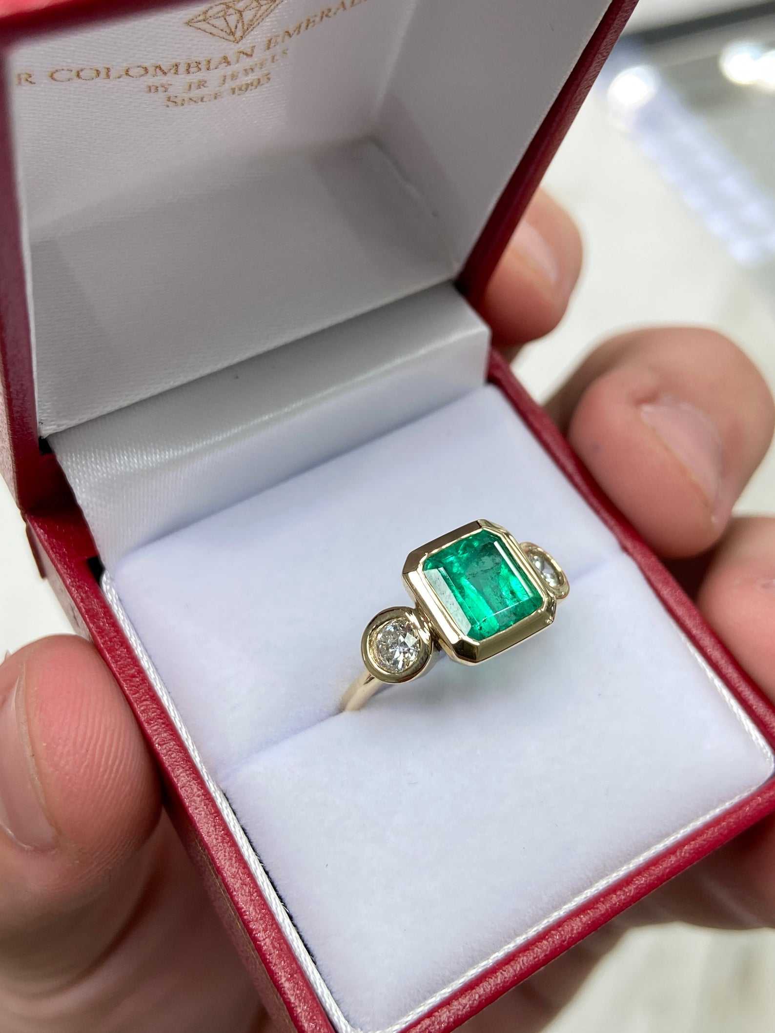 3.25tcw Three Stone Thick Bezel Set Emerald & Diamond Ring 14K