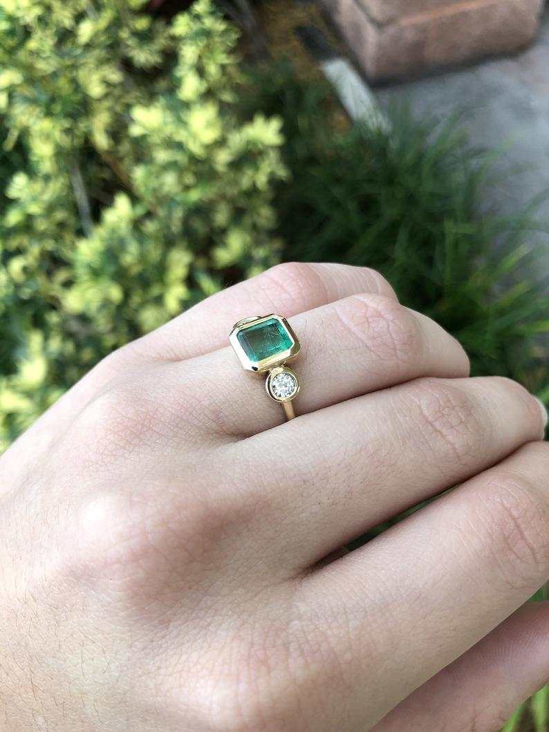 3.25tcw Three Stone Thick Bezel Set Emerald & Diamond Ring 14K