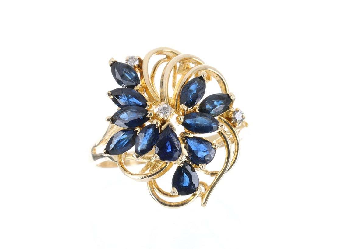 1.08tcw Vintage 14k Yellow Gold Sapphire Diamond Cluster Cocktail Ring Sz