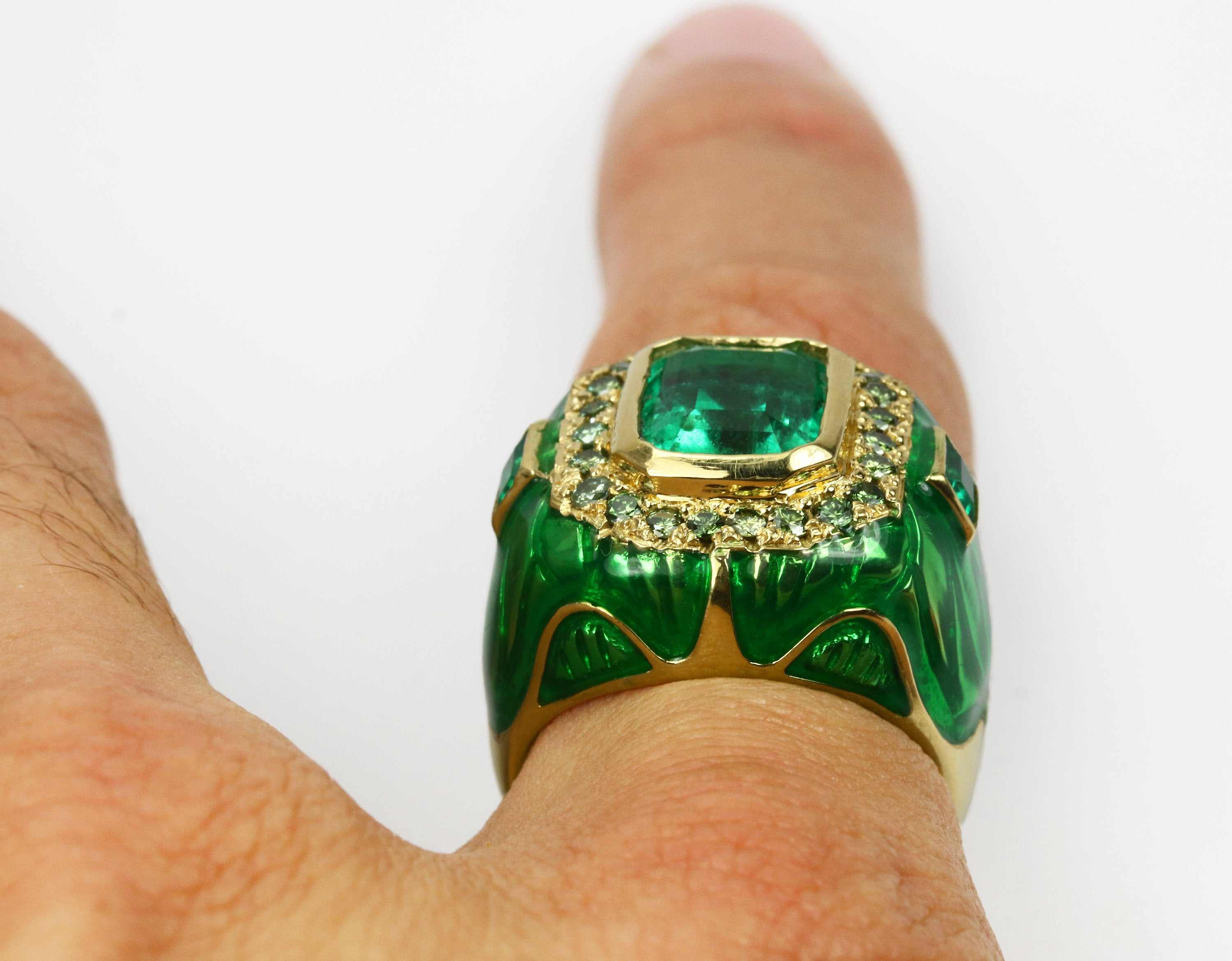 4.45tcw Mens Colombian Emerald & Green Diamond Enamel Signet Ring 18K