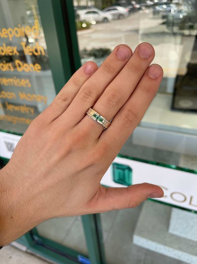 0.60tcw Channel Set Princess Cut Three Stone Bezel Set Hand Carved Wedding Sterling Silver Solid Mens Band Ring - JR Colombian Emeralds