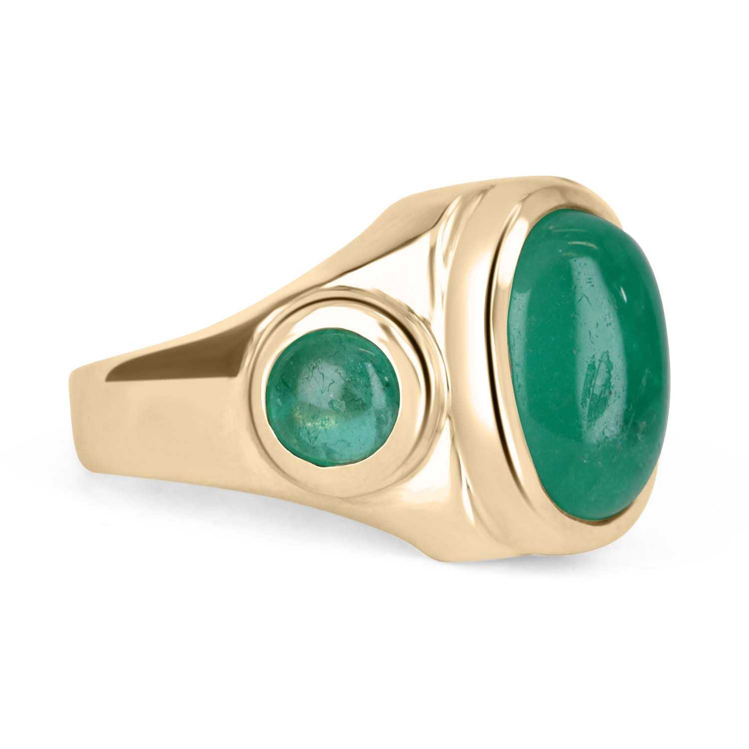 10.35tcw Three Stone Colombian Emerald Cabochon Mens Ring 14K