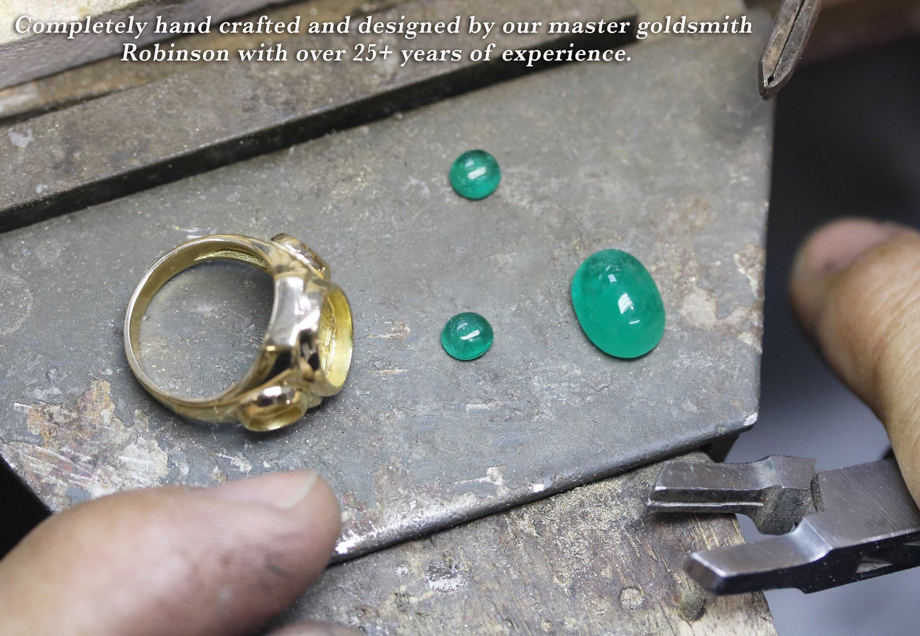 10.35tcw Three Stone Colombian Emerald Cabochon Mens Ring 14K