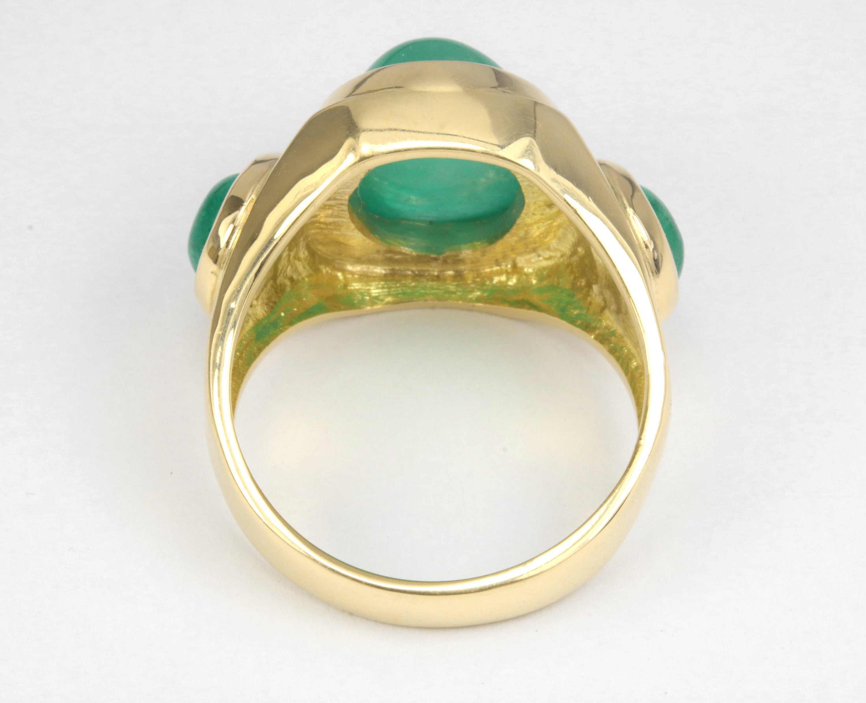 10.35tcw Three Stone Colombian Emerald Cabochon Mens Ring 14K