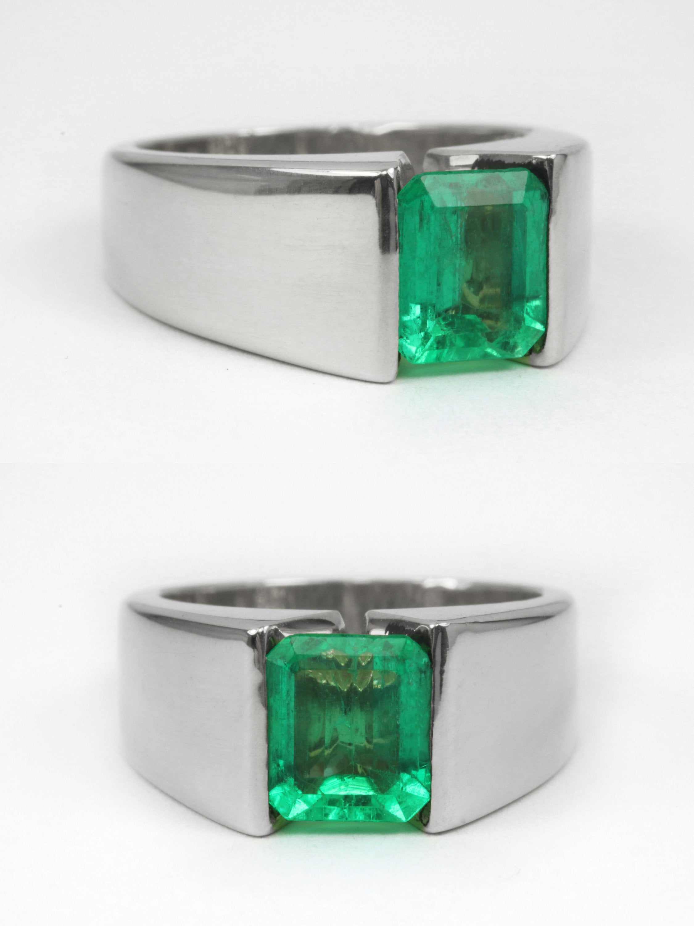 Yellow gold men's ring featuring a 2.0 carat emerald cut vivid green solitaire emerald, crafted by JR Colombian Emeralds.