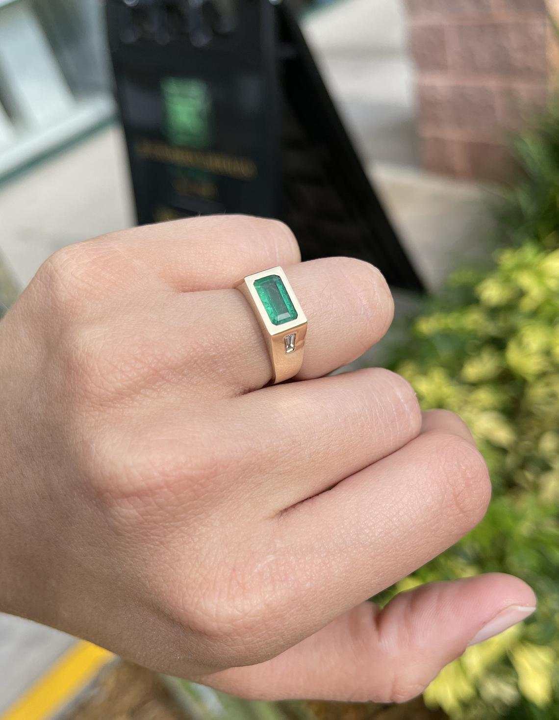 2.0tcw Three Stone Emerald & Tapered Baguette Diamond Gypsy Ring 14K