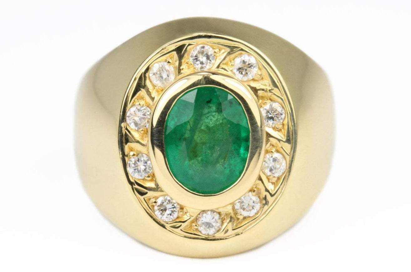 2.10tcw Men's 18K Gold Natural Emerald Oval & Diamond Halo