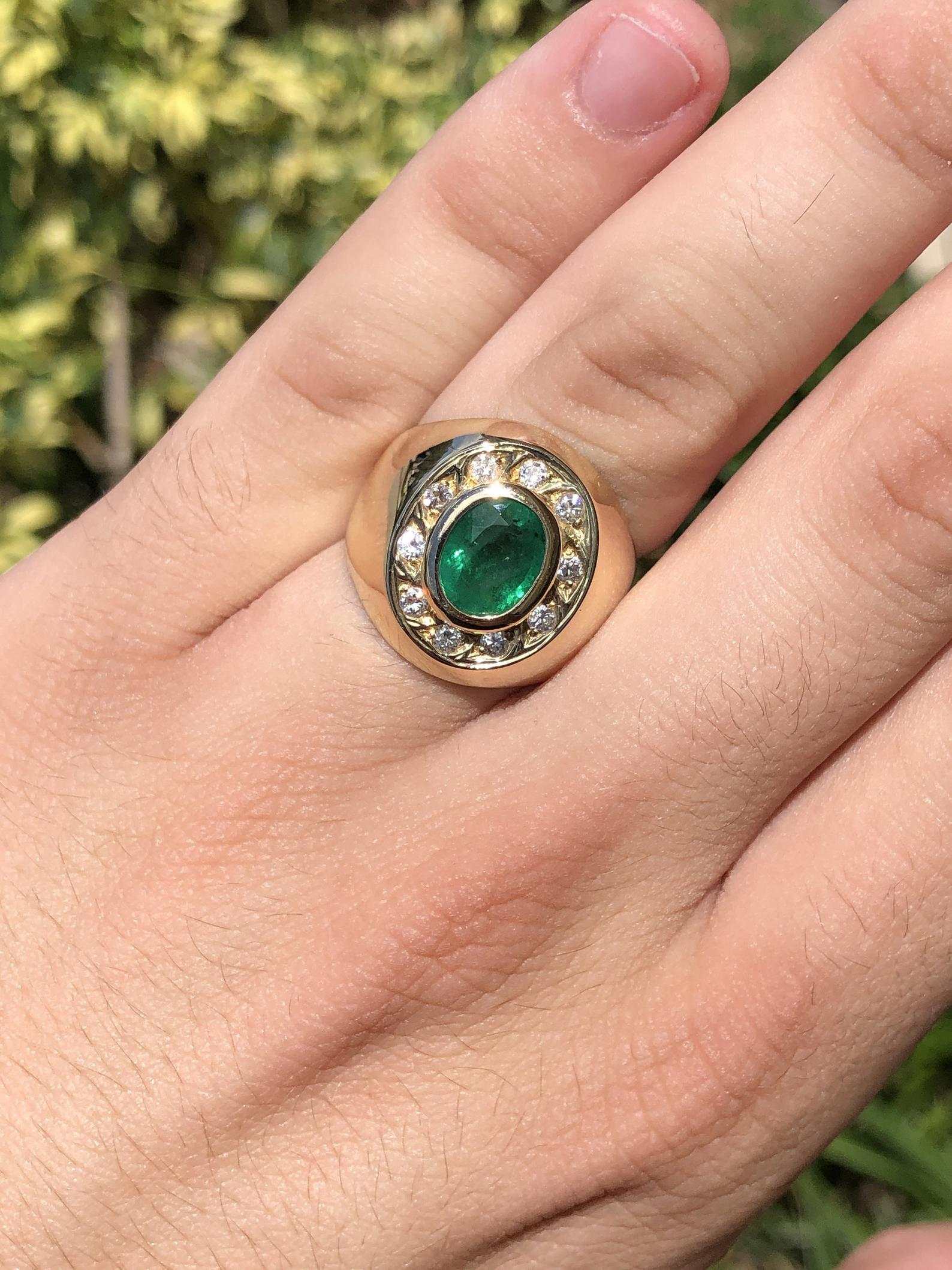 2.10tcw Natural Emerald Oval & Diamond Halo Mens Ring 18K