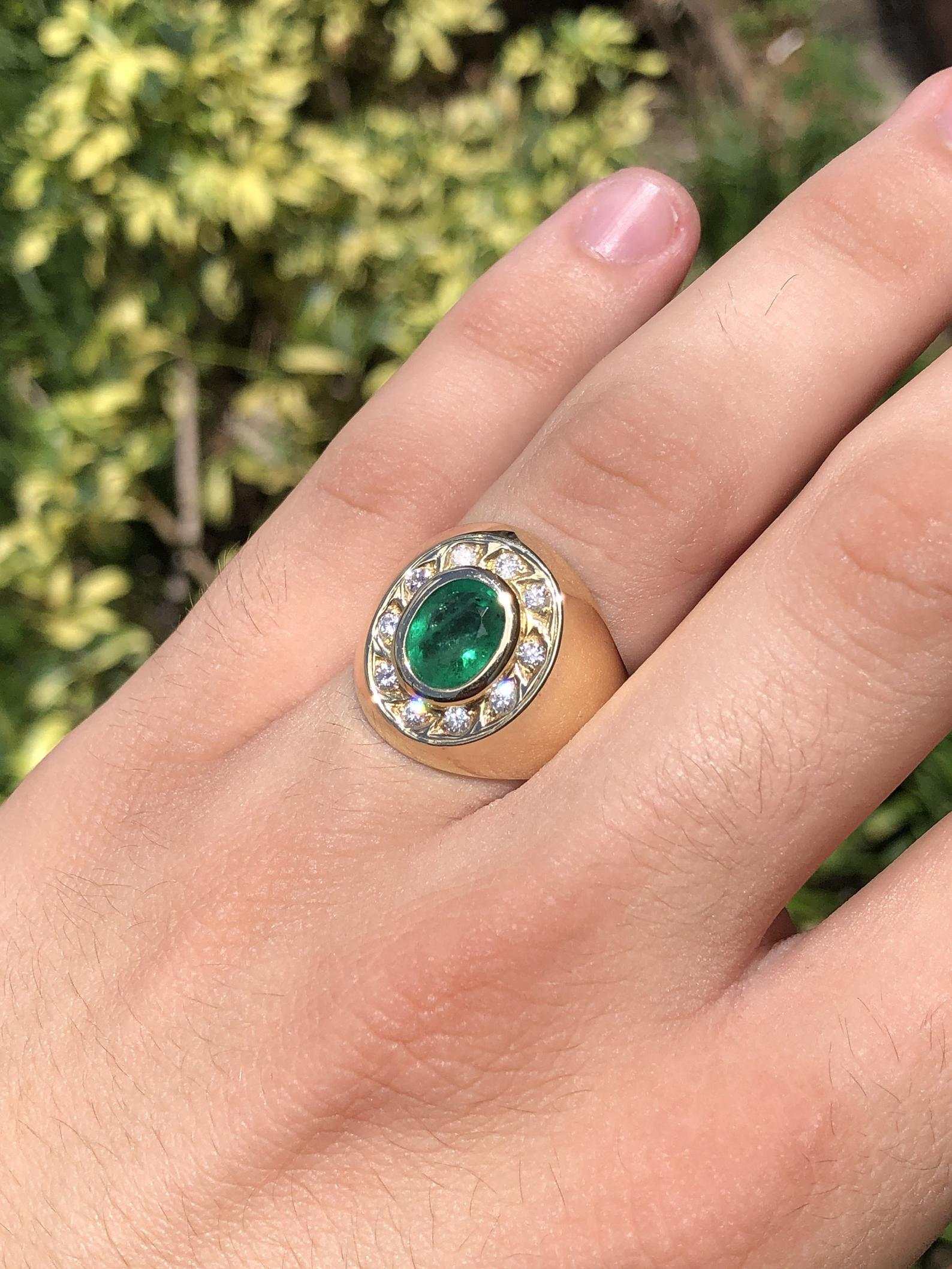2.10tcw Men's 18K Gold Natural Emerald Oval & Diamond Halo