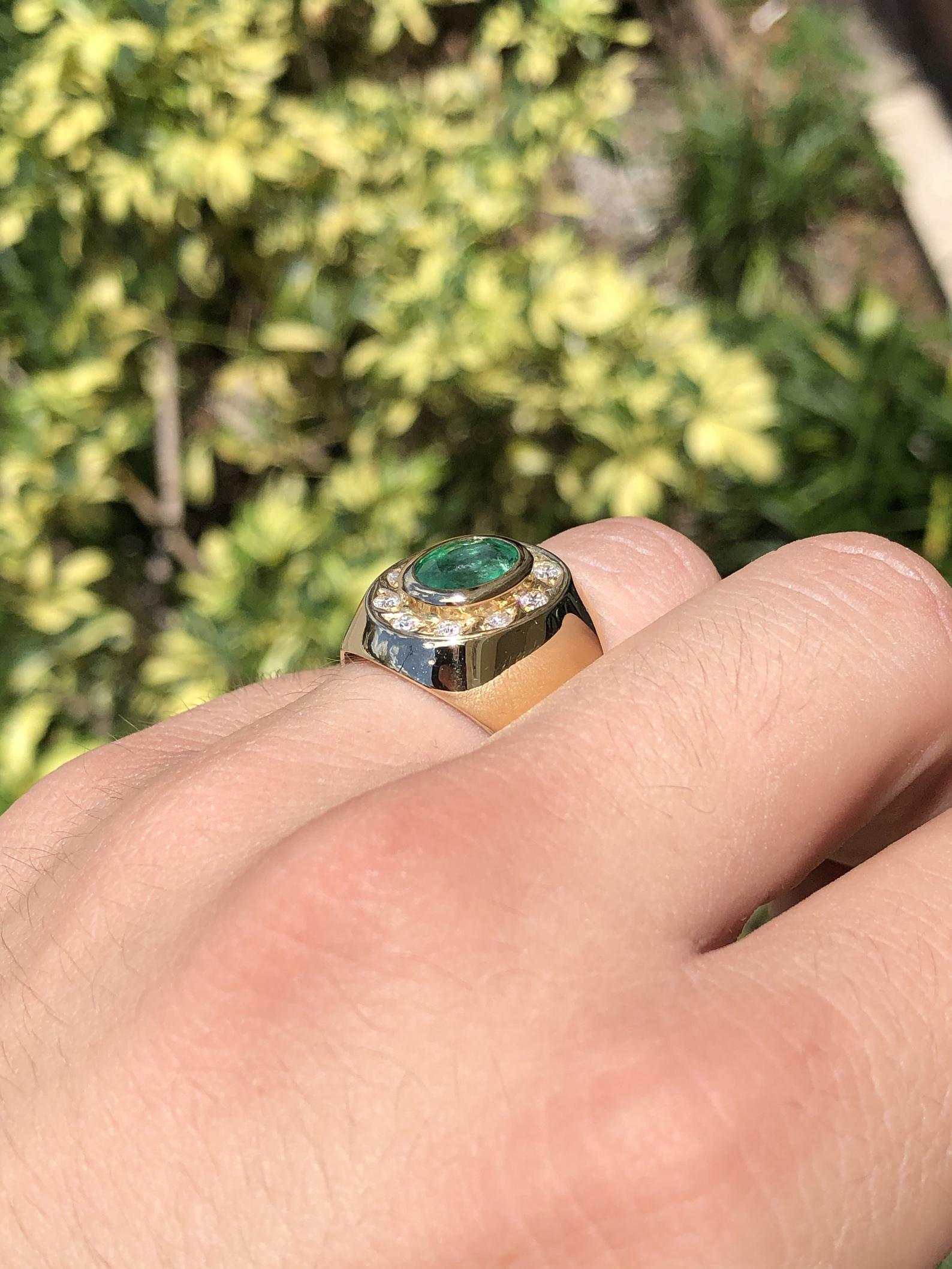 2.10tcw Natural Emerald Oval & Diamond Halo Mens Ring 18K