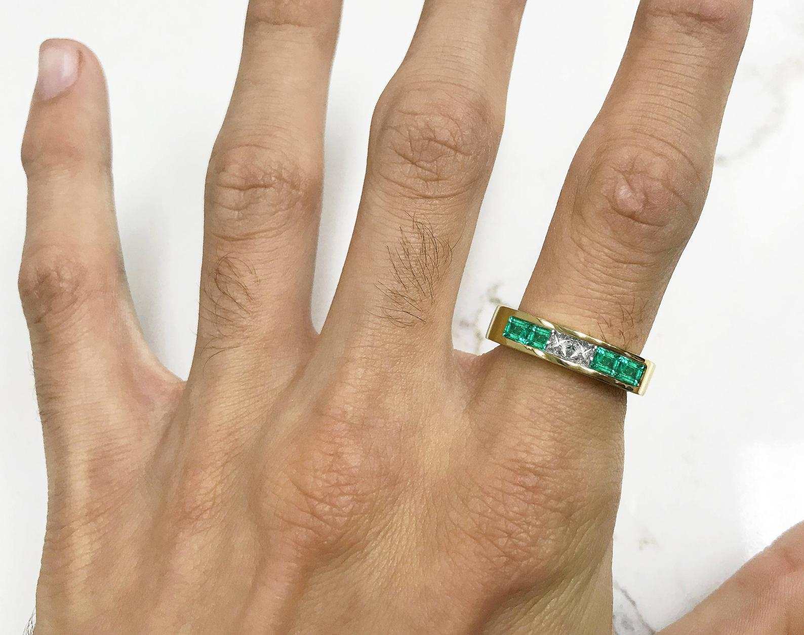 Princess Cut Diamond & Natural Emerald Mens