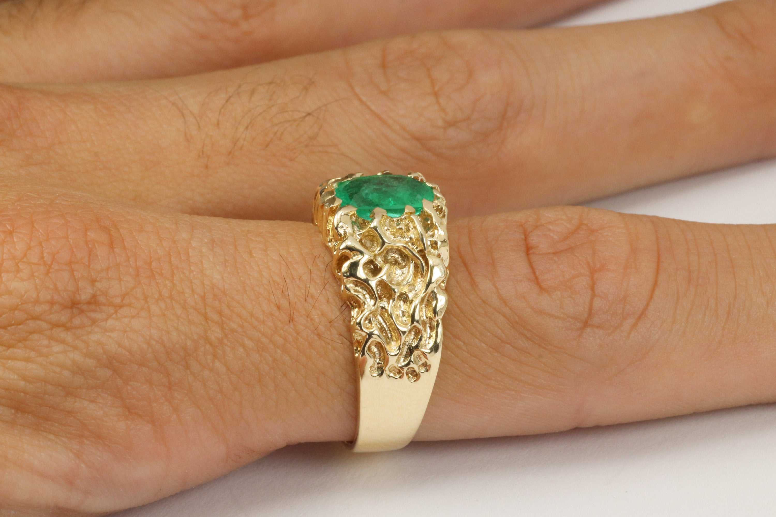 1.50 Carat Genuine Emerald Oval Cut Solitaire Men's Nugget Ring 14K