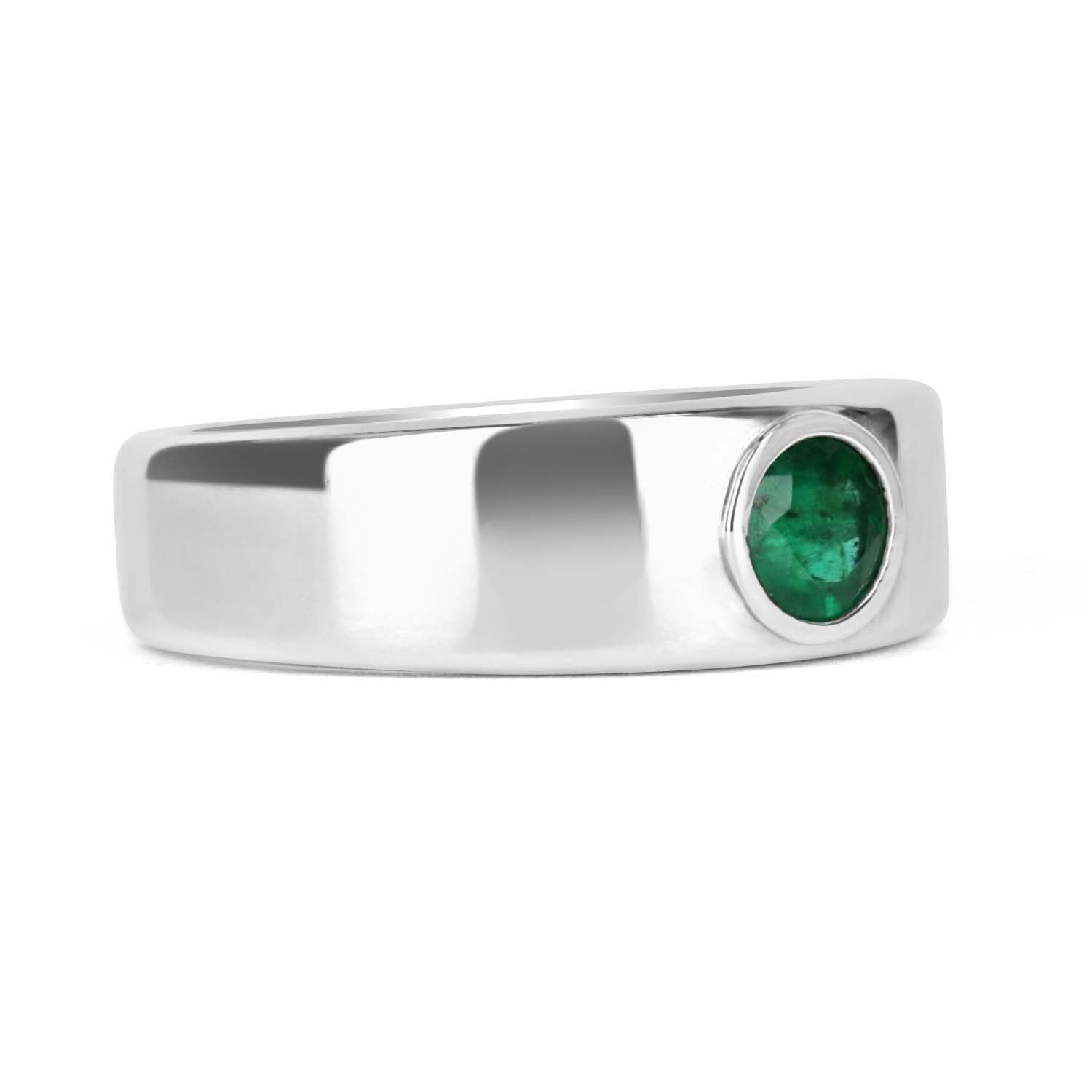 0.70 Carat Round Colombian Emerald Bezel Men's Ring 14K