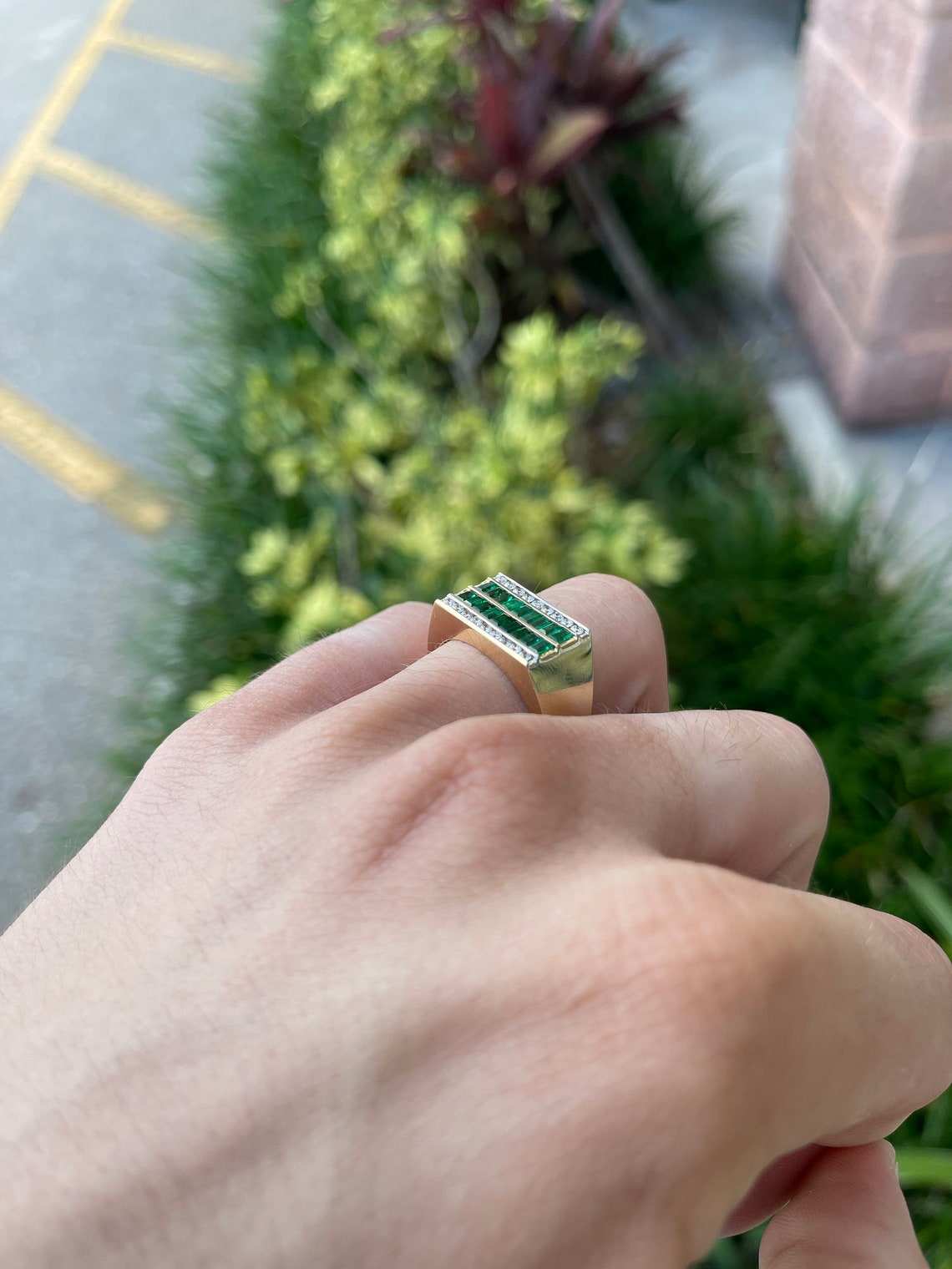 1.41tcw 14K 11.3mm Wide Emerald & Diamond Channel Set Mens Ring Yellow Gold