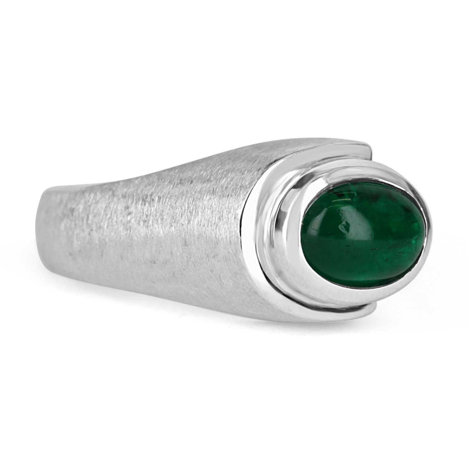 1.70 Carat Dark Top Green Emerald Cabochon Mens Ring 14K