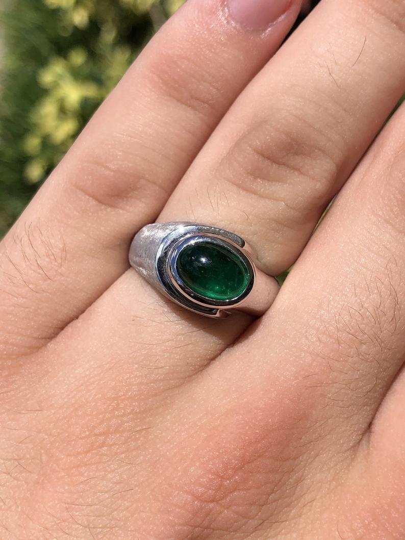 1.70 Carat Dark Top Green Emerald Cabochon Mens Ring 14K
