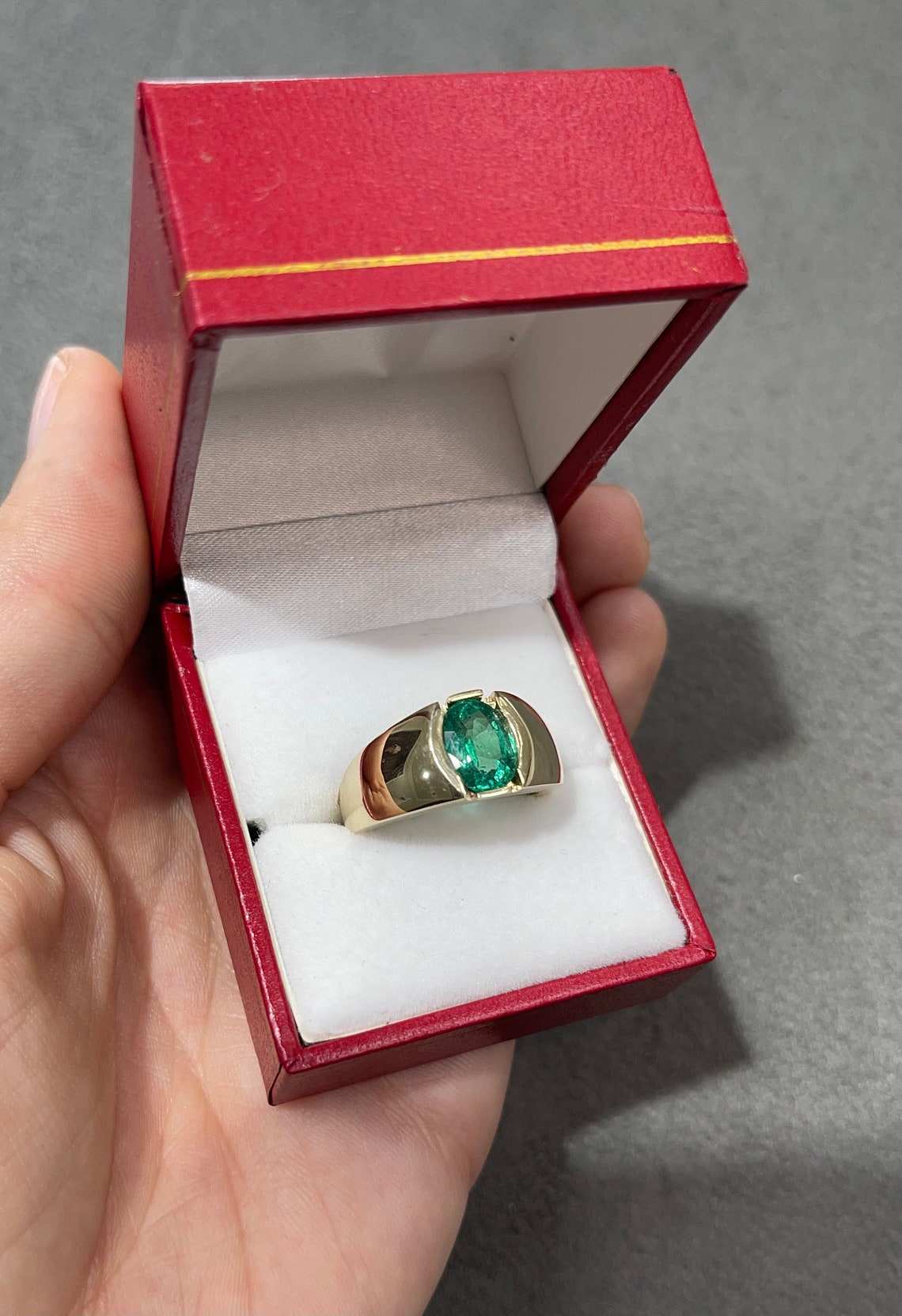 2.08ct Oval Emerald Men's Solitaire Bezel Ring 14K