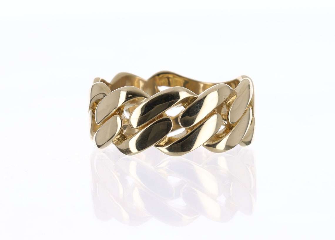 14K 9.8mm Wide Gold Cuban Link Ring Unisex | JR Colombian Emeralds