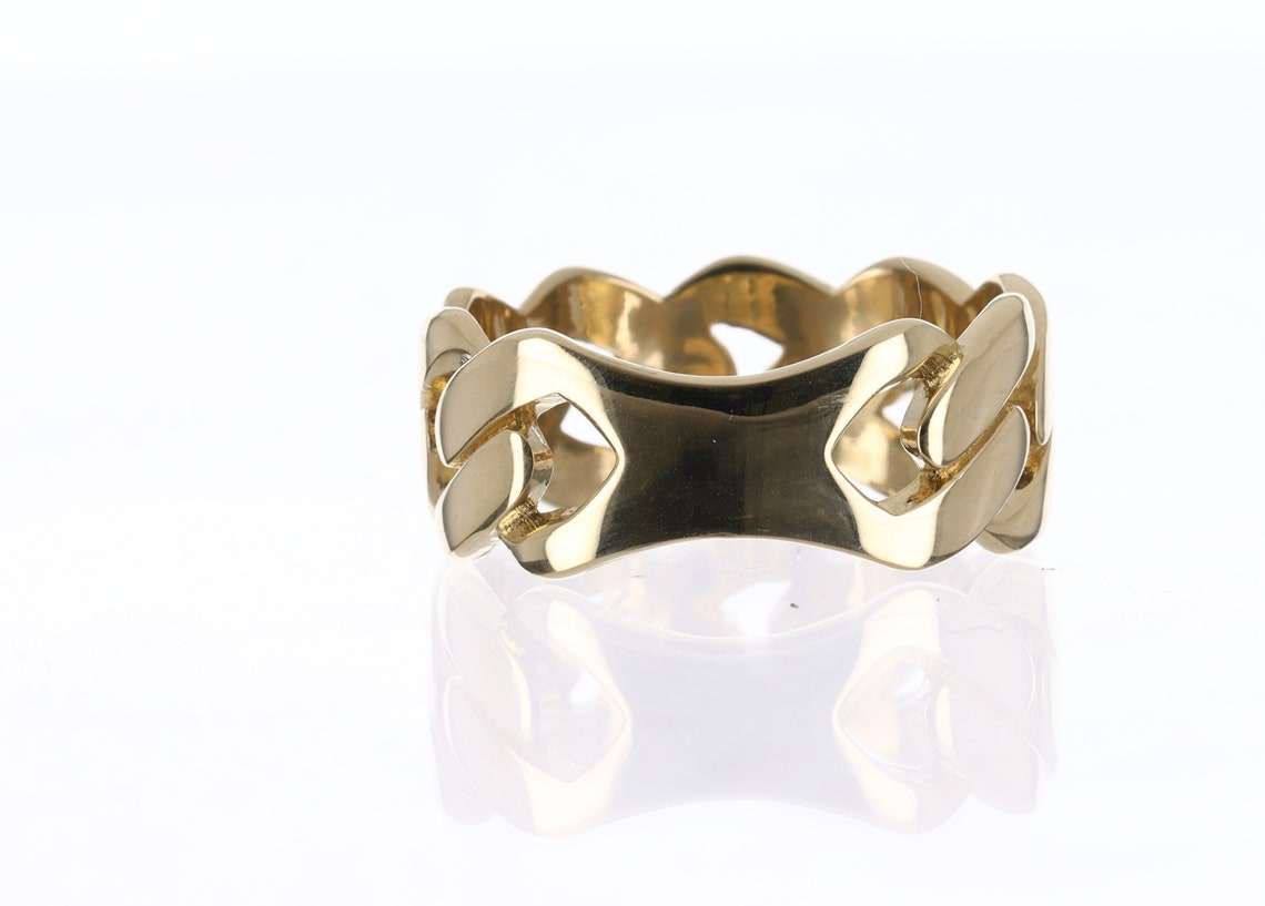 14K 9.8mm Wide Gold Cuban Link Ring Unisex | JR Colombian Emeralds