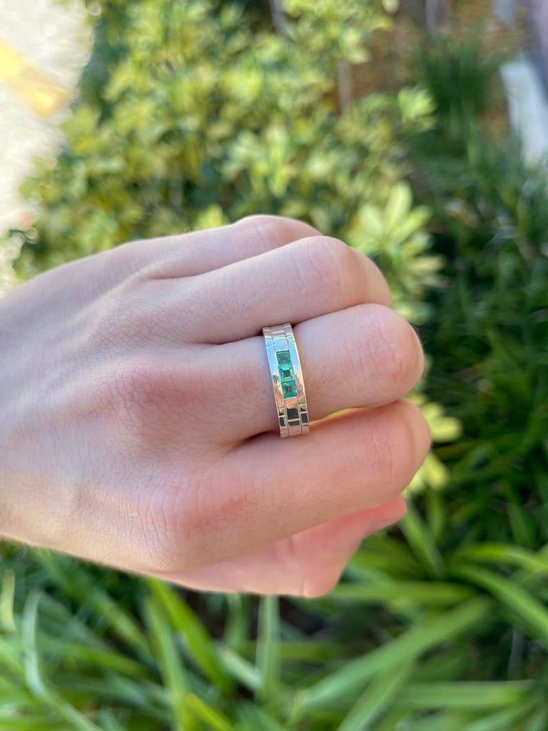 0.60tcw Channel Set Princess Cut Three Stone Bezel Set Hand Carved Wedding Sterling Silver Solid Mens Band Ring - JR Colombian Emeralds