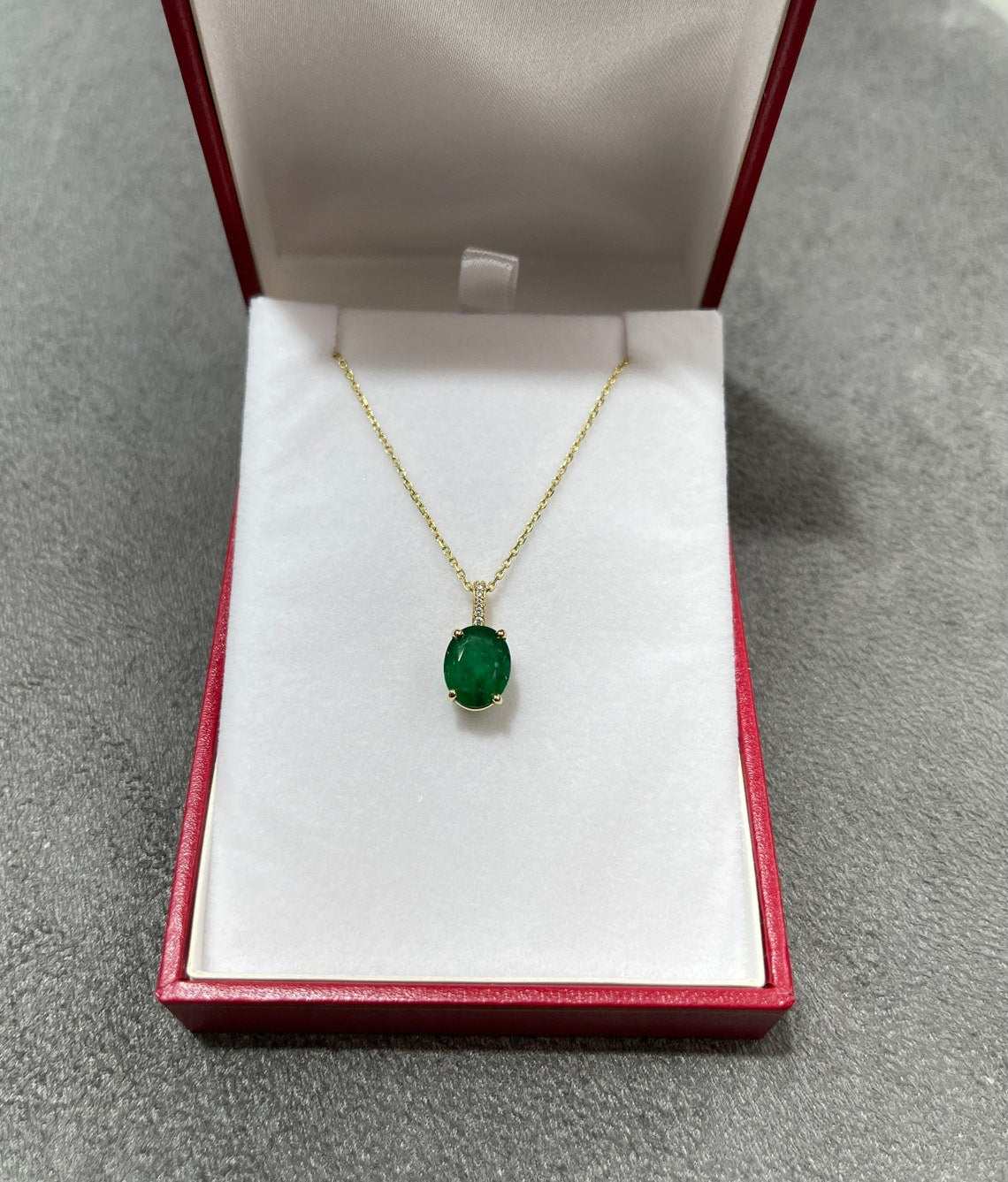2.82tcw Deep Dark Green Natural Oval Cut Emerald & Diamond Pendant 18K - JR Colombian Emeralds