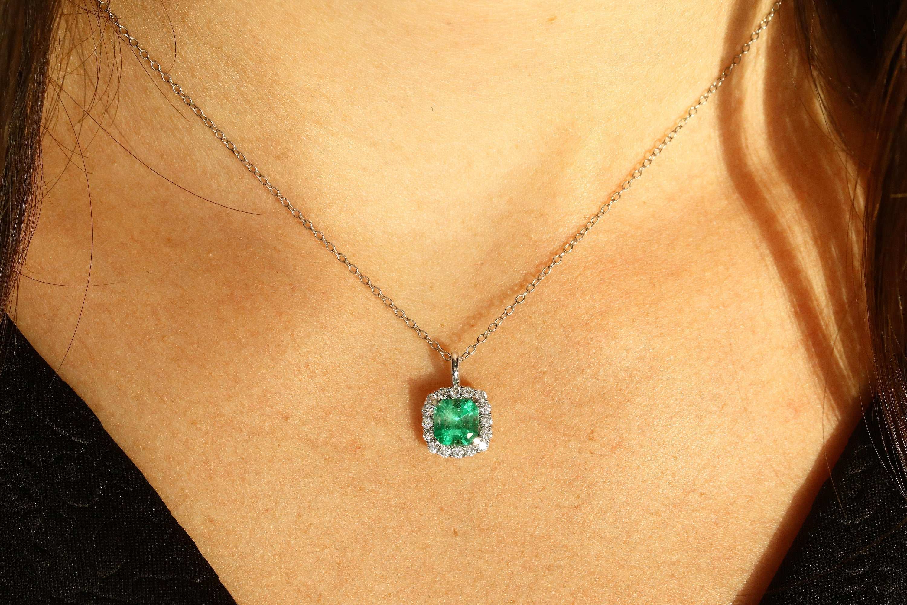 1.75tcw Asscher Cut Electric Green Colombian Emerald & Diamond Halo Necklace 14K