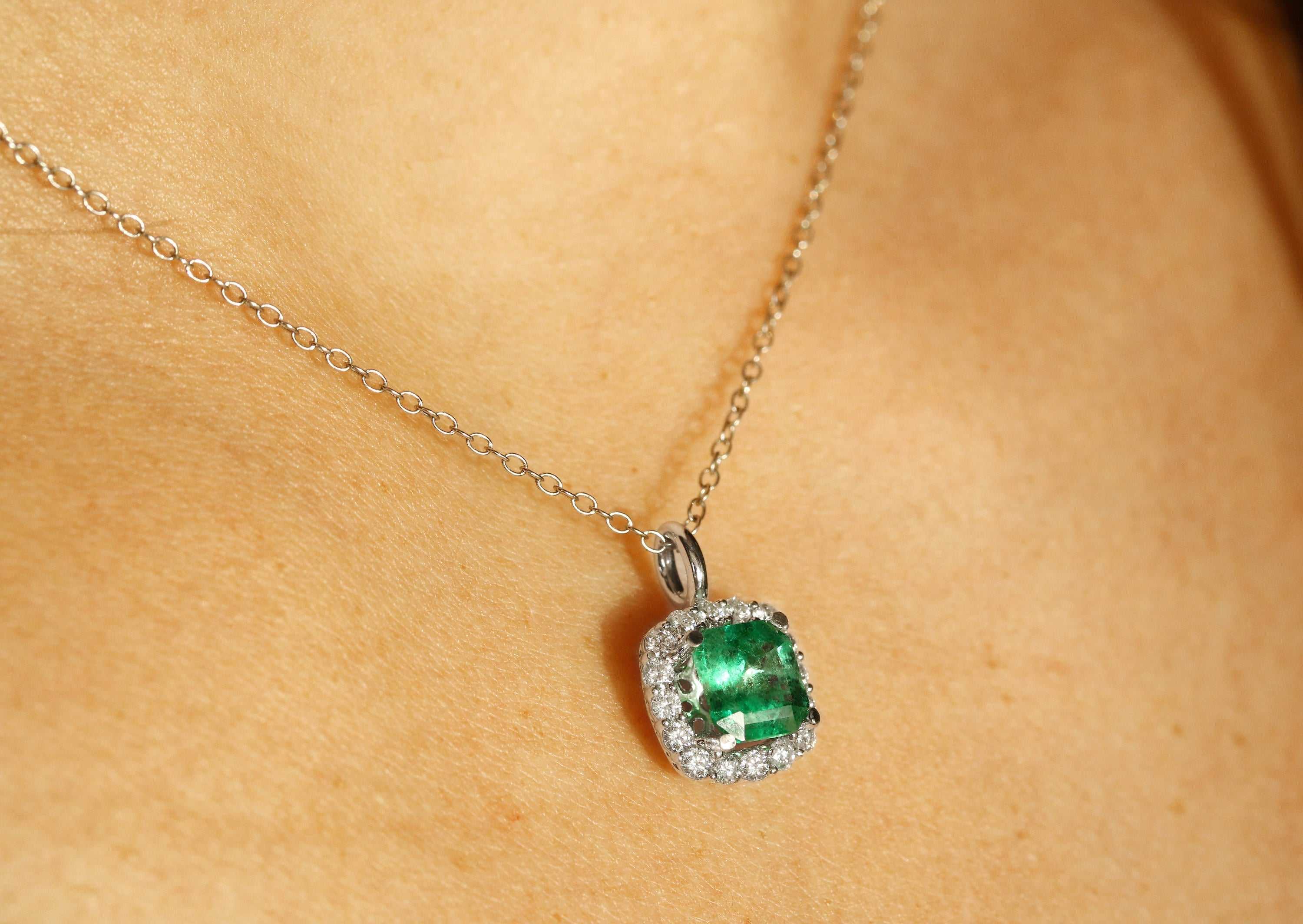 1.75tcw Asscher Cut Electric Green Colombian Emerald & Diamond Halo Necklace 14K