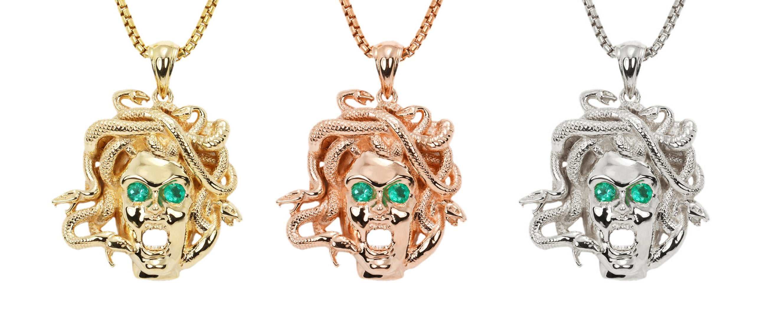 0.12tcw Solid Gold Emerald Medusa Sneak Head Pendant 14K