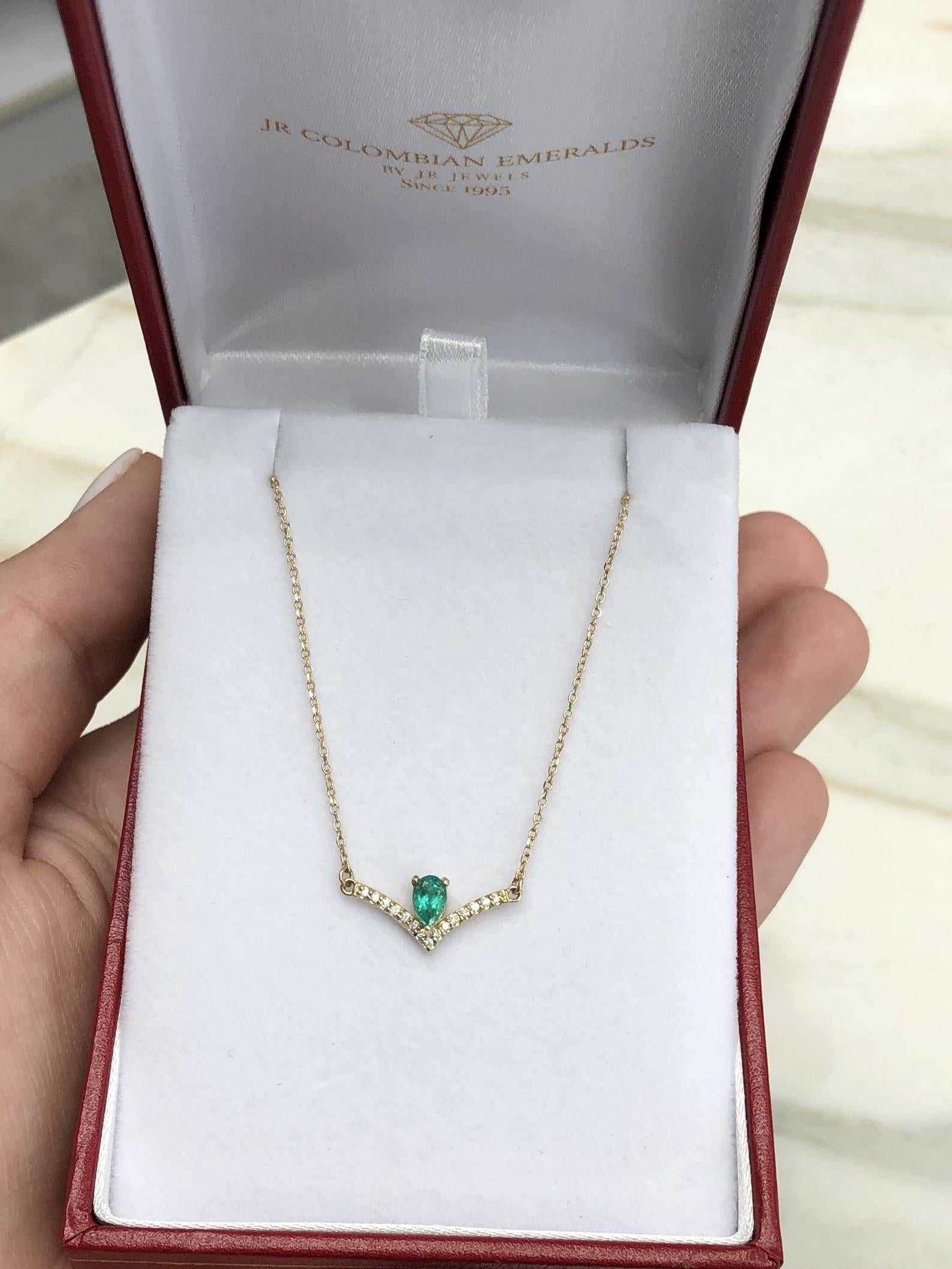 0.45tcw Natural Emerald Pear & Accented Diamond V Necklace 14K