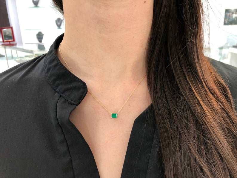 0.80 Carat Medium Dark Green Emerald Solitaire East to West Necklace 14K