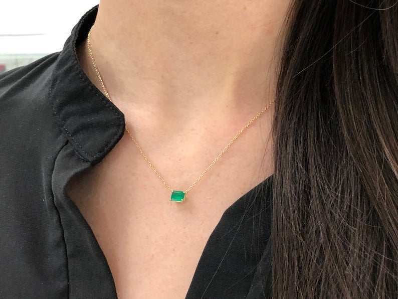 0.80 Carat Medium Dark Green Emerald Solitaire East to West Necklace 14K