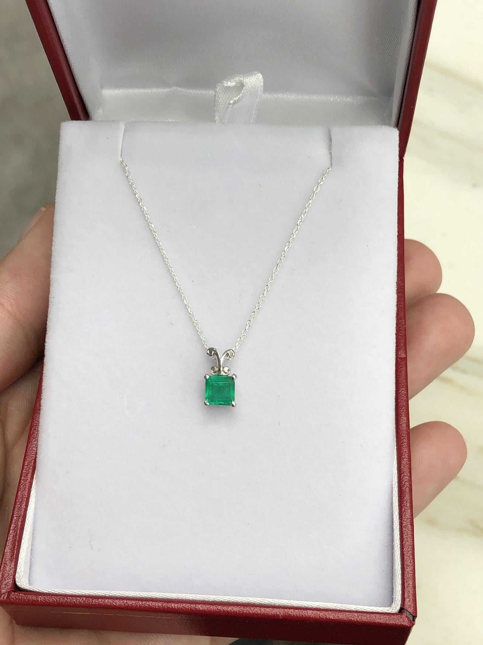 0.90 Carat Asscher Emerald Carved Scroll Solitaire Pendant Chain Gold 14K