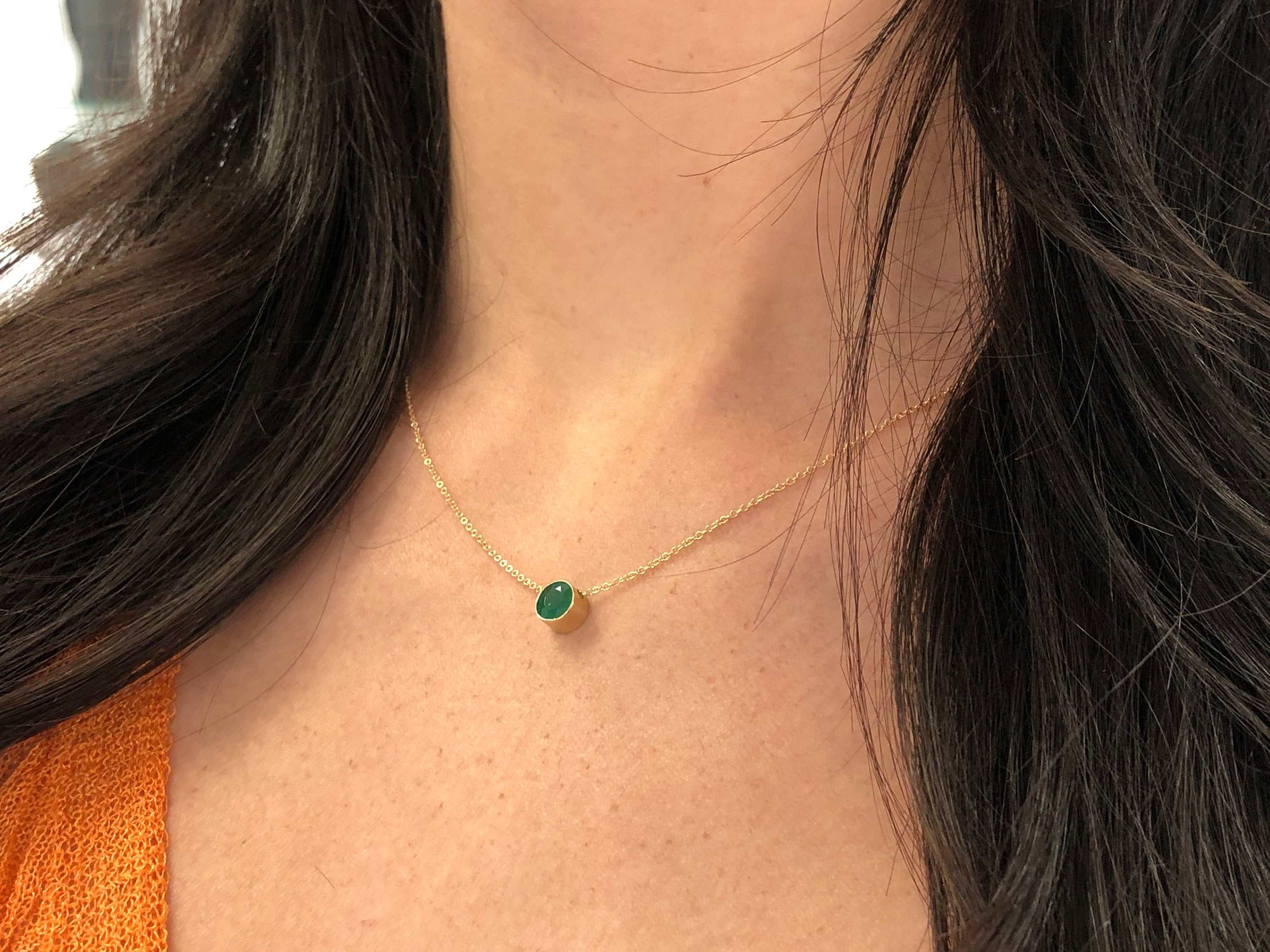 0.90 Carat Natural Emerald Bezel Set Necklace 14K
