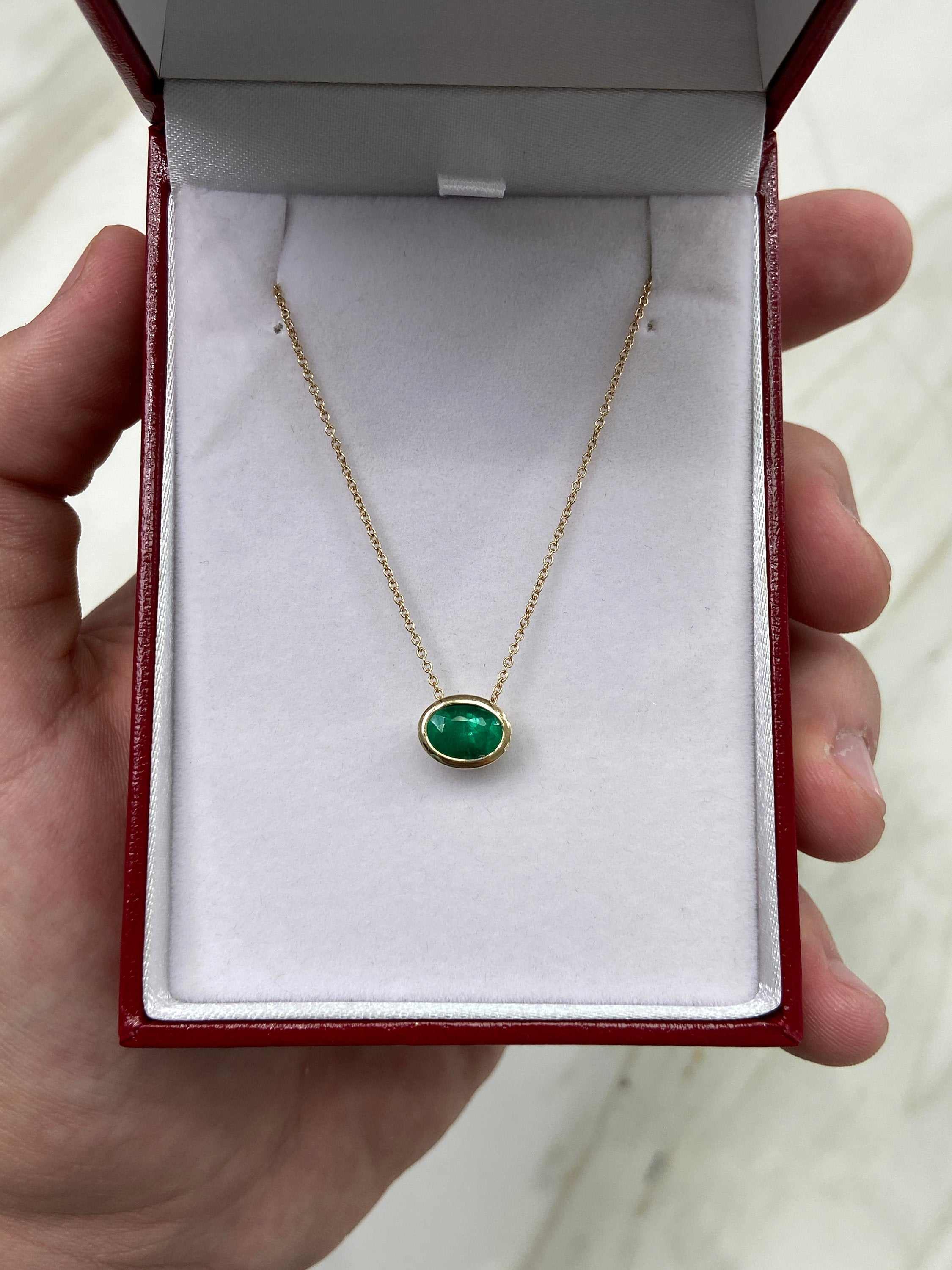 1.30 Carat Rich Green Bezel Set Oval Emerald Stationary Slider Necklac